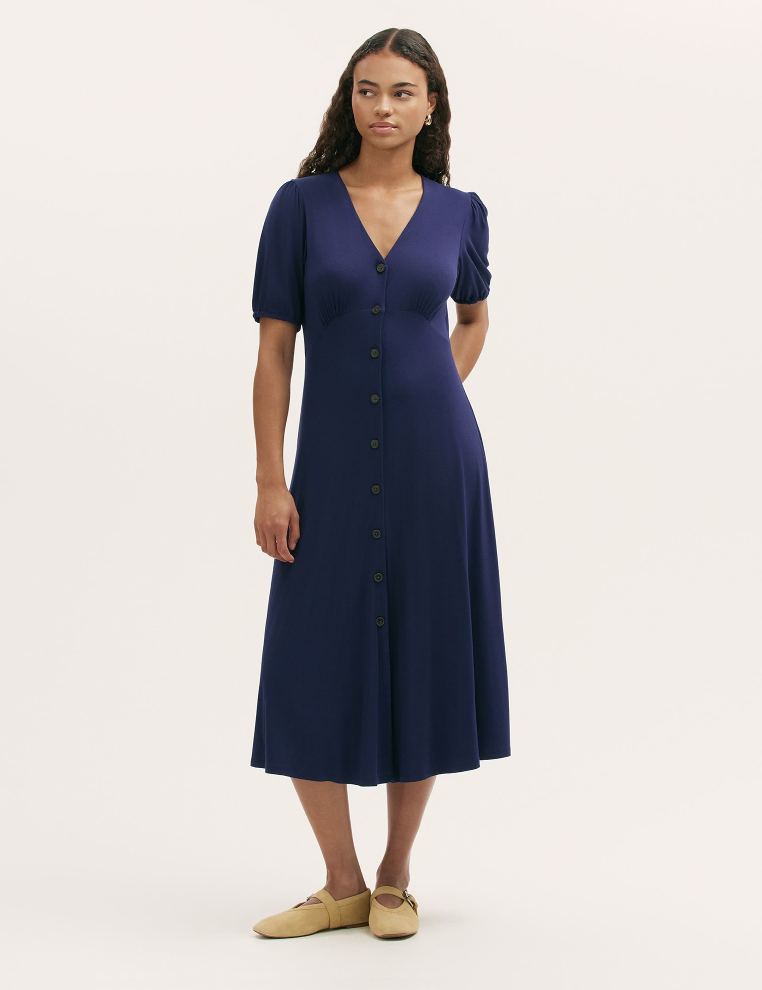 Jersey V-Neck Button Through Empire Line Midi Tea Dress 1 of 4