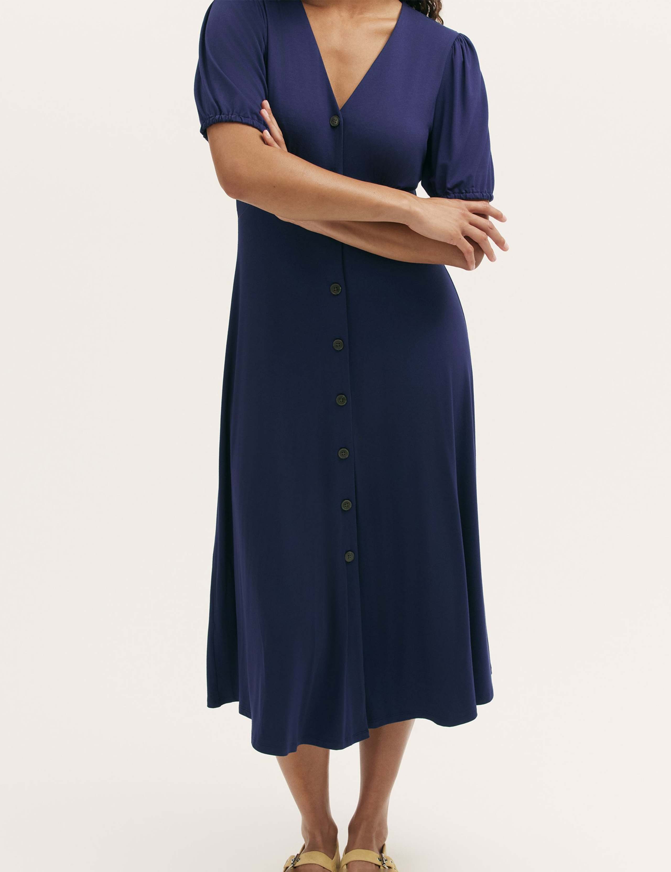 Jersey V-Neck Button Through Empire Line Midi Tea Dress 3 of 4