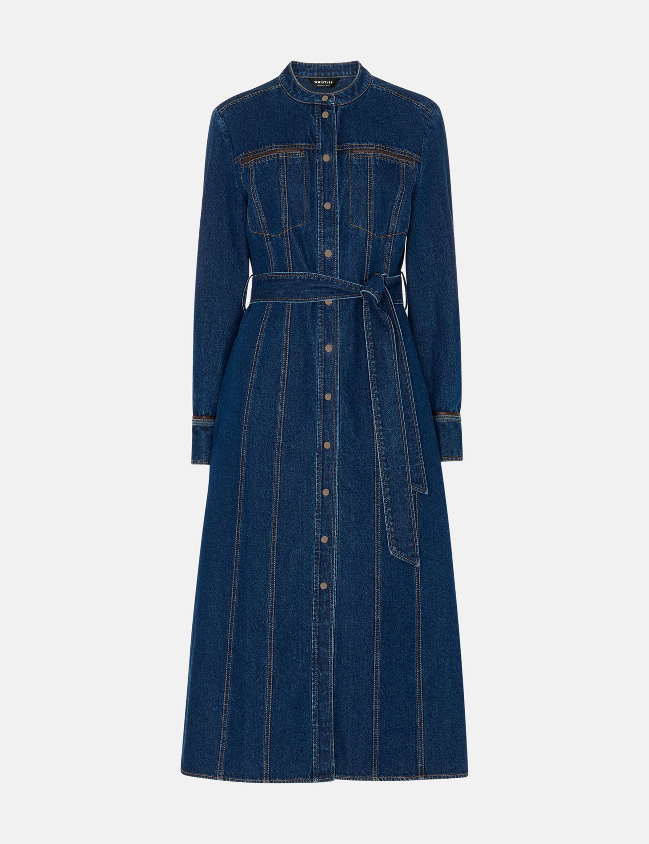 Denim Belted Button Through Midi Waisted Dress 2 of 4
