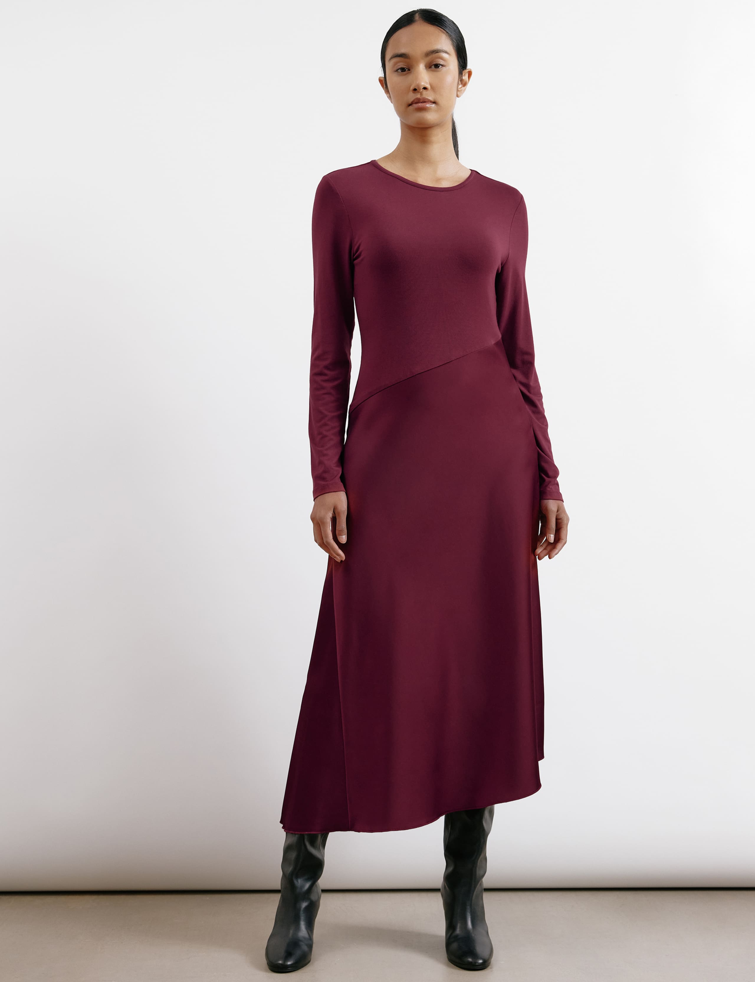 Satin & Jersey Asymmetric Midi Skater Dress 1 of 4