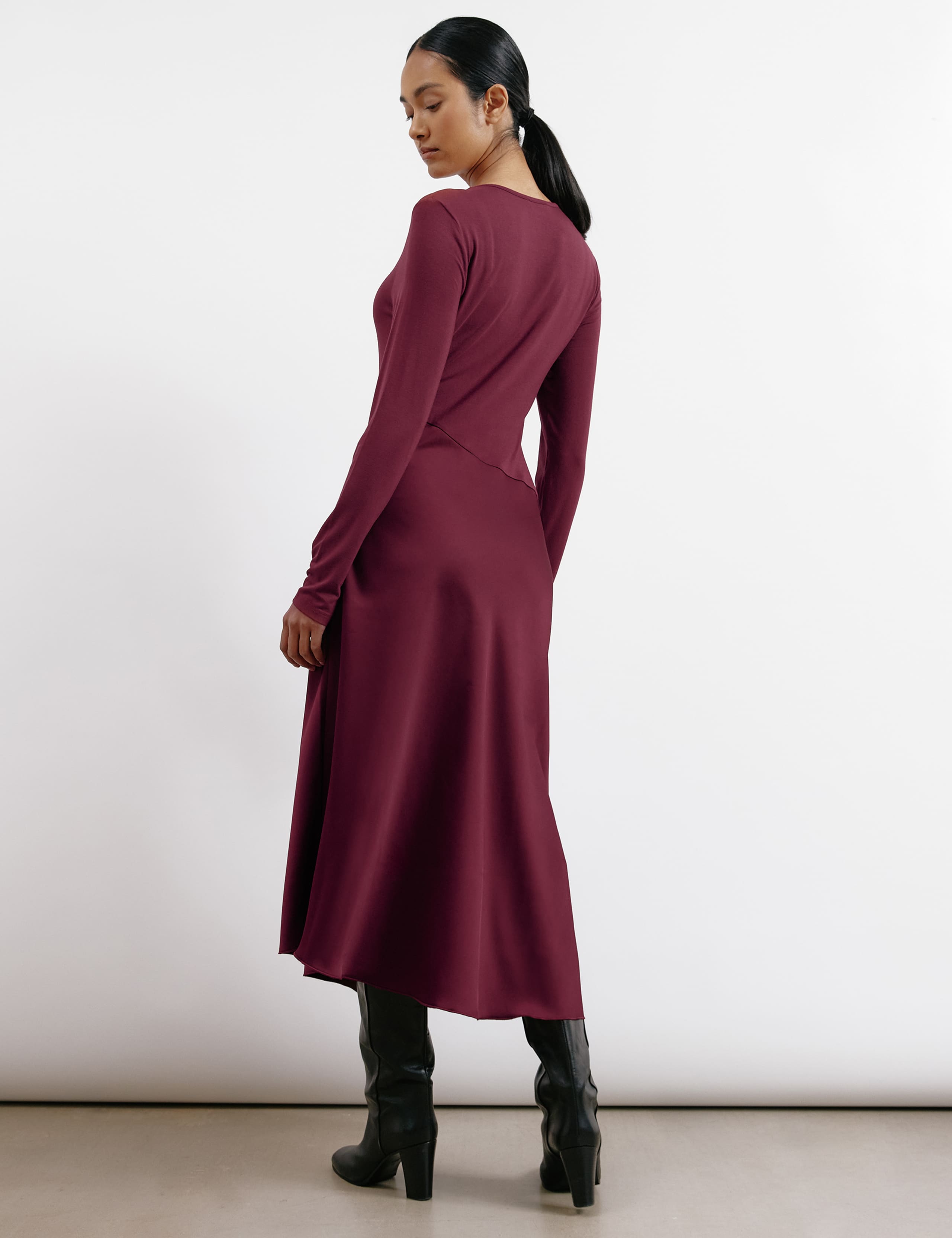 Satin & Jersey Asymmetric Midi Skater Dress 4 of 4