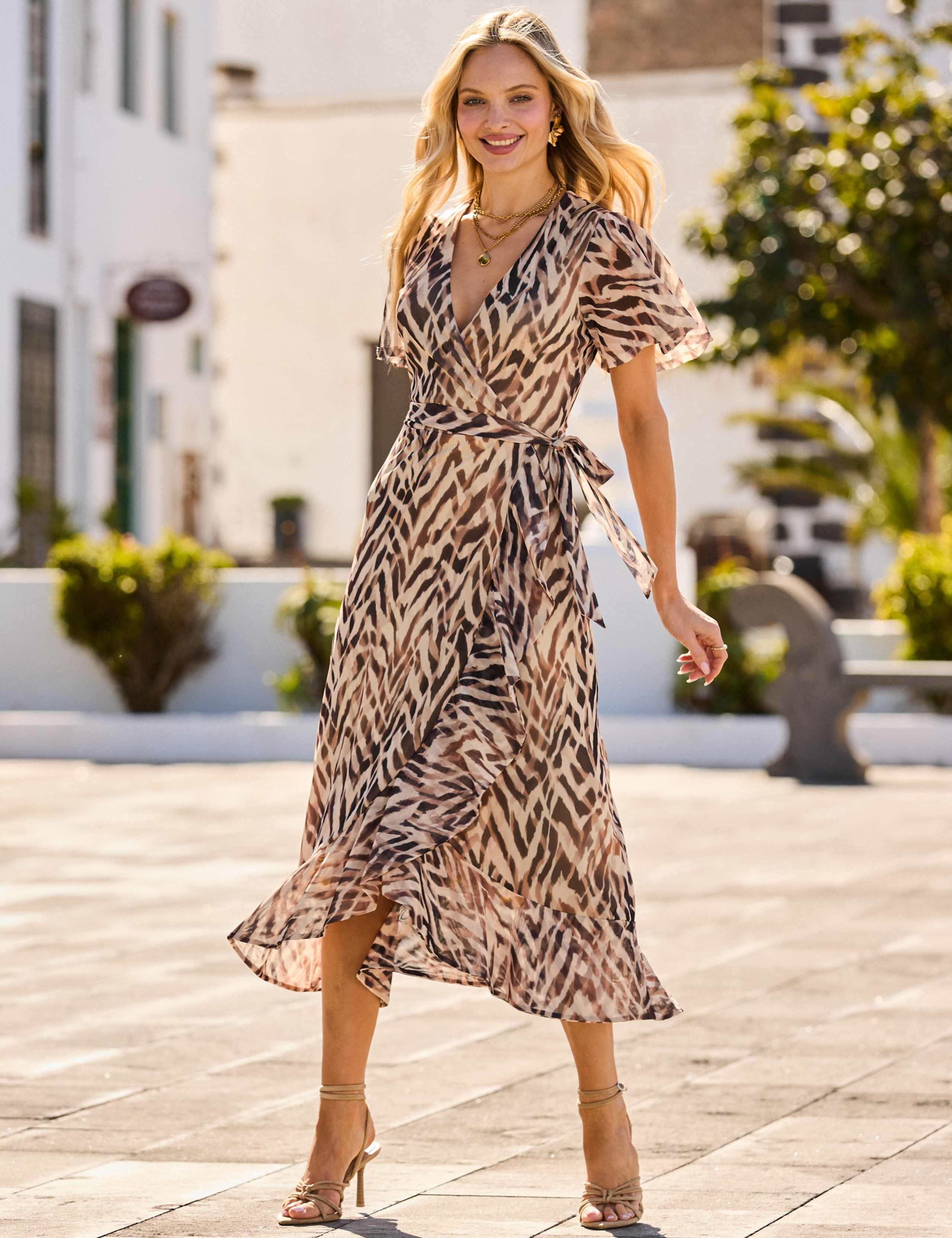 Zebra Print Midi Faux Wrap Dress 3 of 7