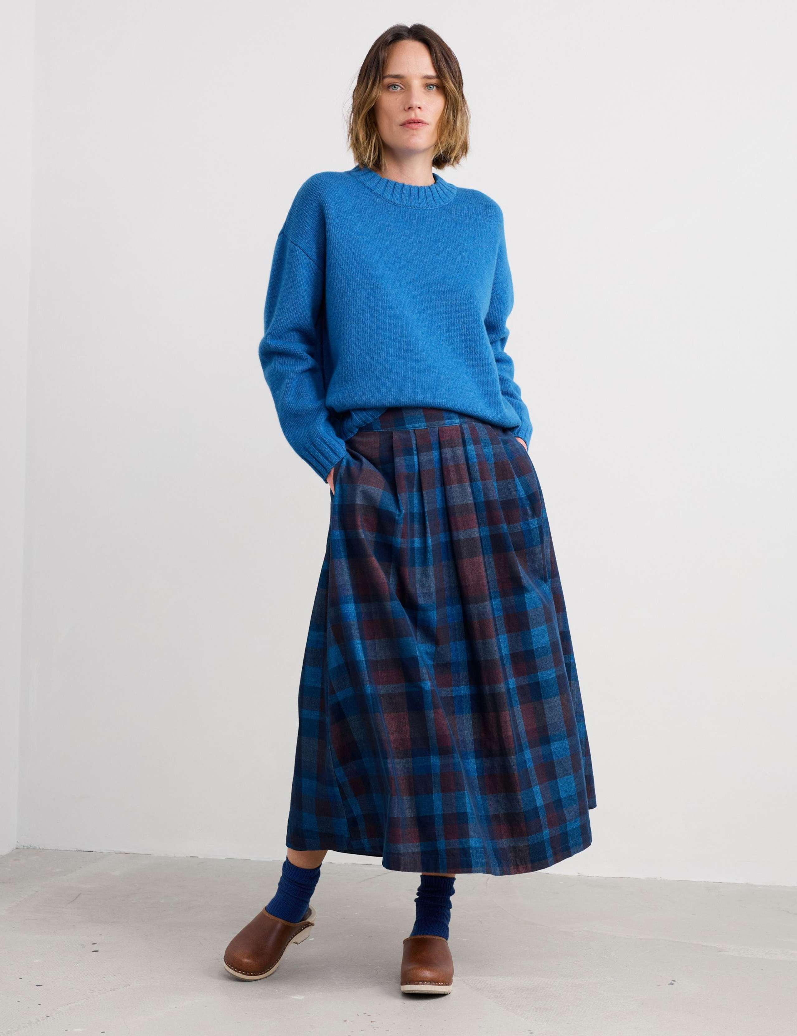 Pure Cotton Checked Midi A-Line Skirt 4 of 6