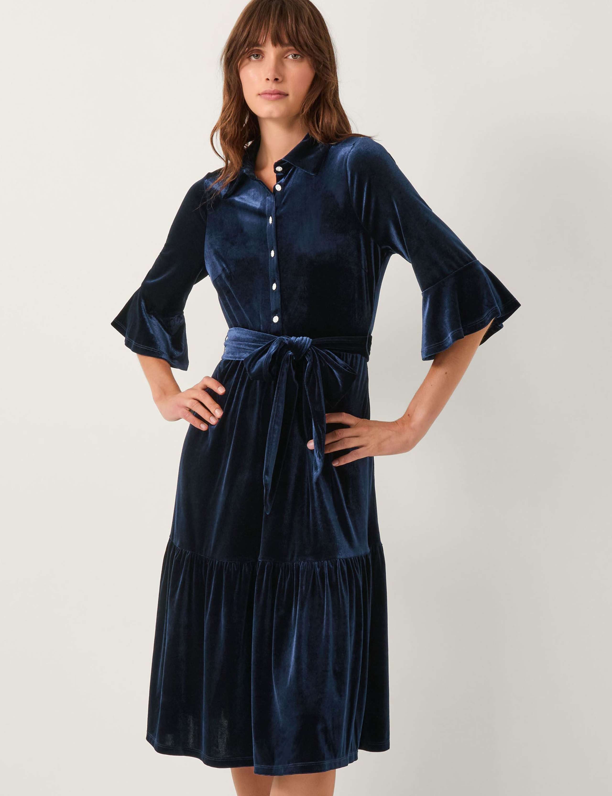 Velvet Belted Midi Shirt Dress 3 of 5