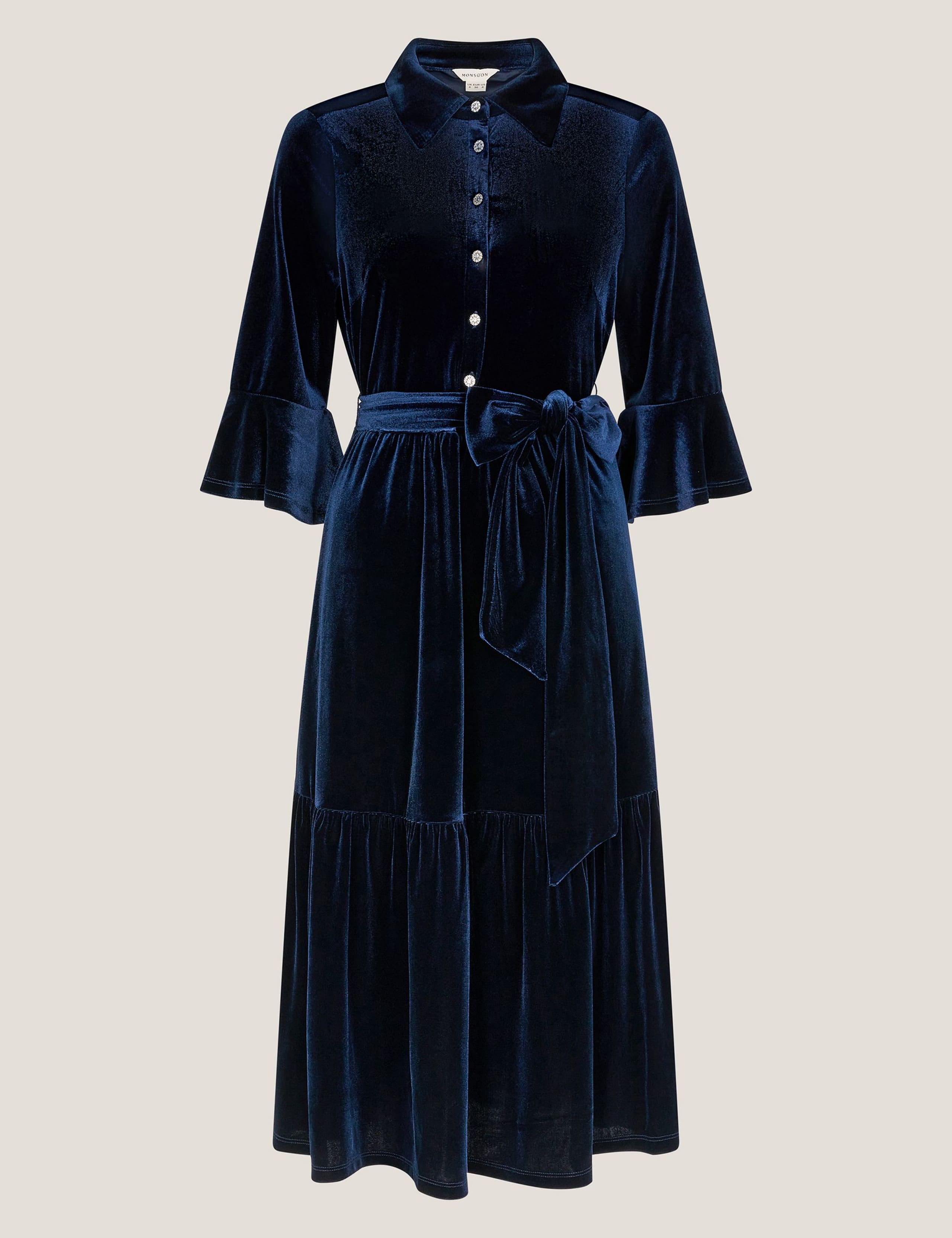 Velvet Belted Midi Shirt Dress 2 of 5
