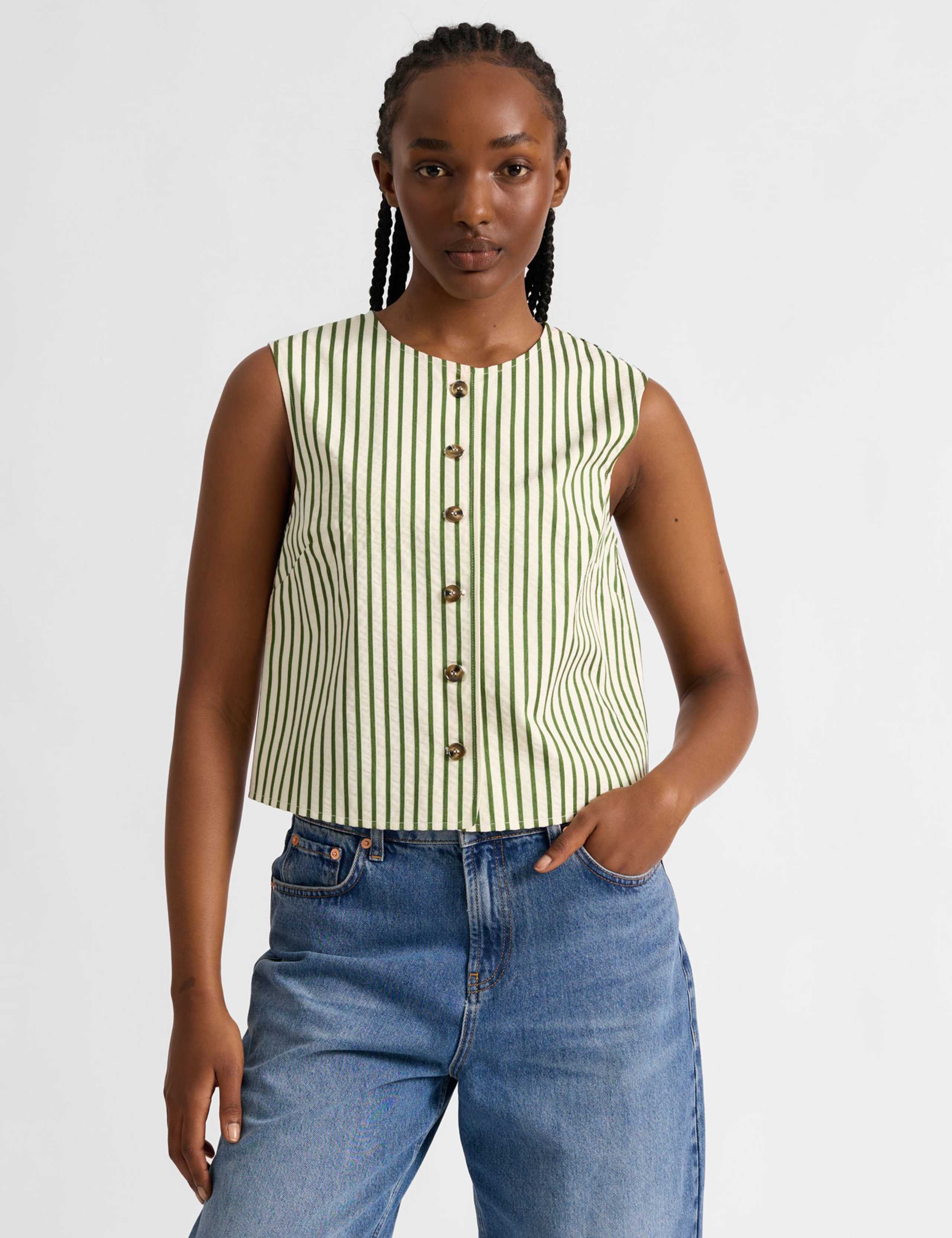 Cotton Blend Striped Fitted Vest Top 1 of 5