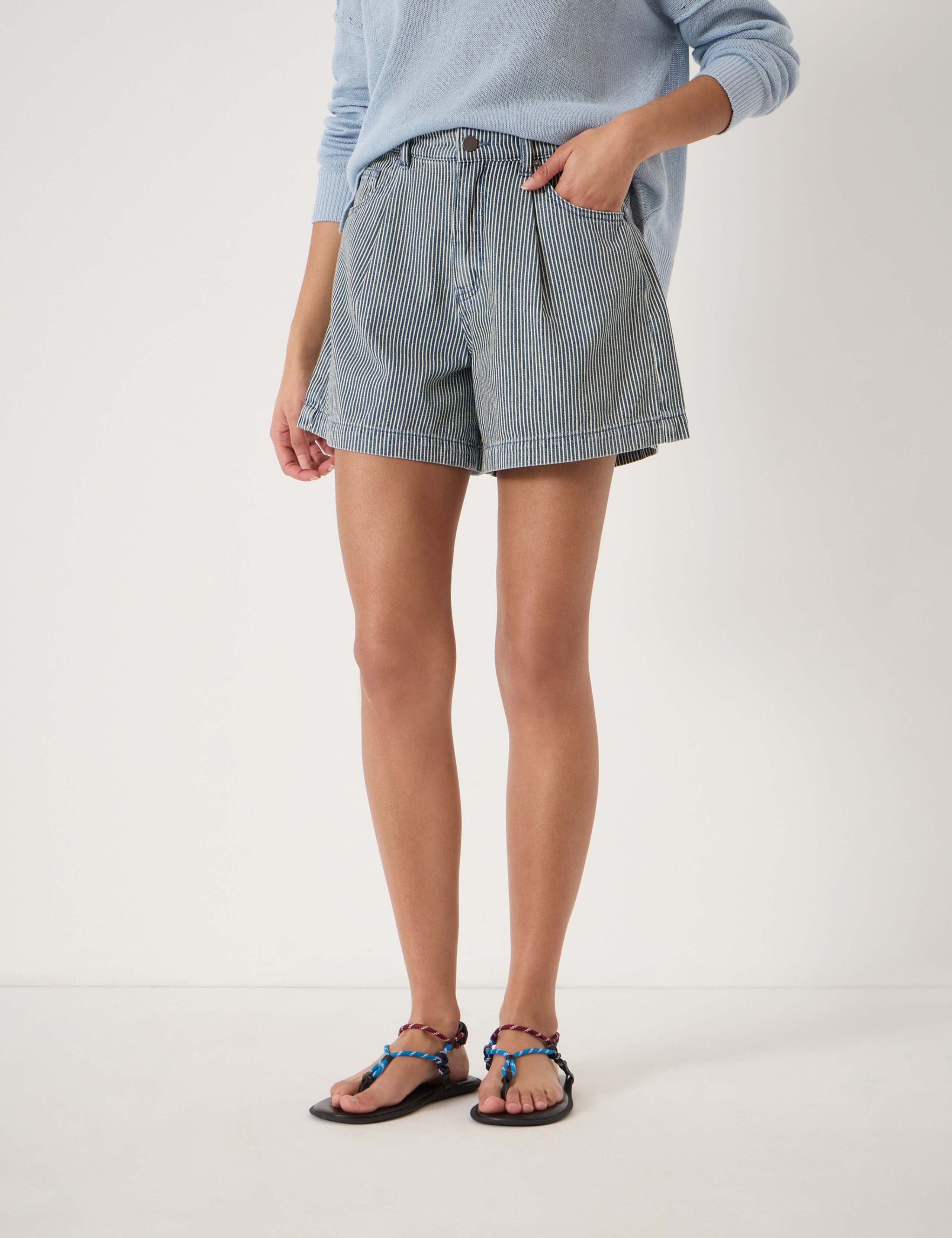 Denim Striped Pleat Front Shorts 4 of 6