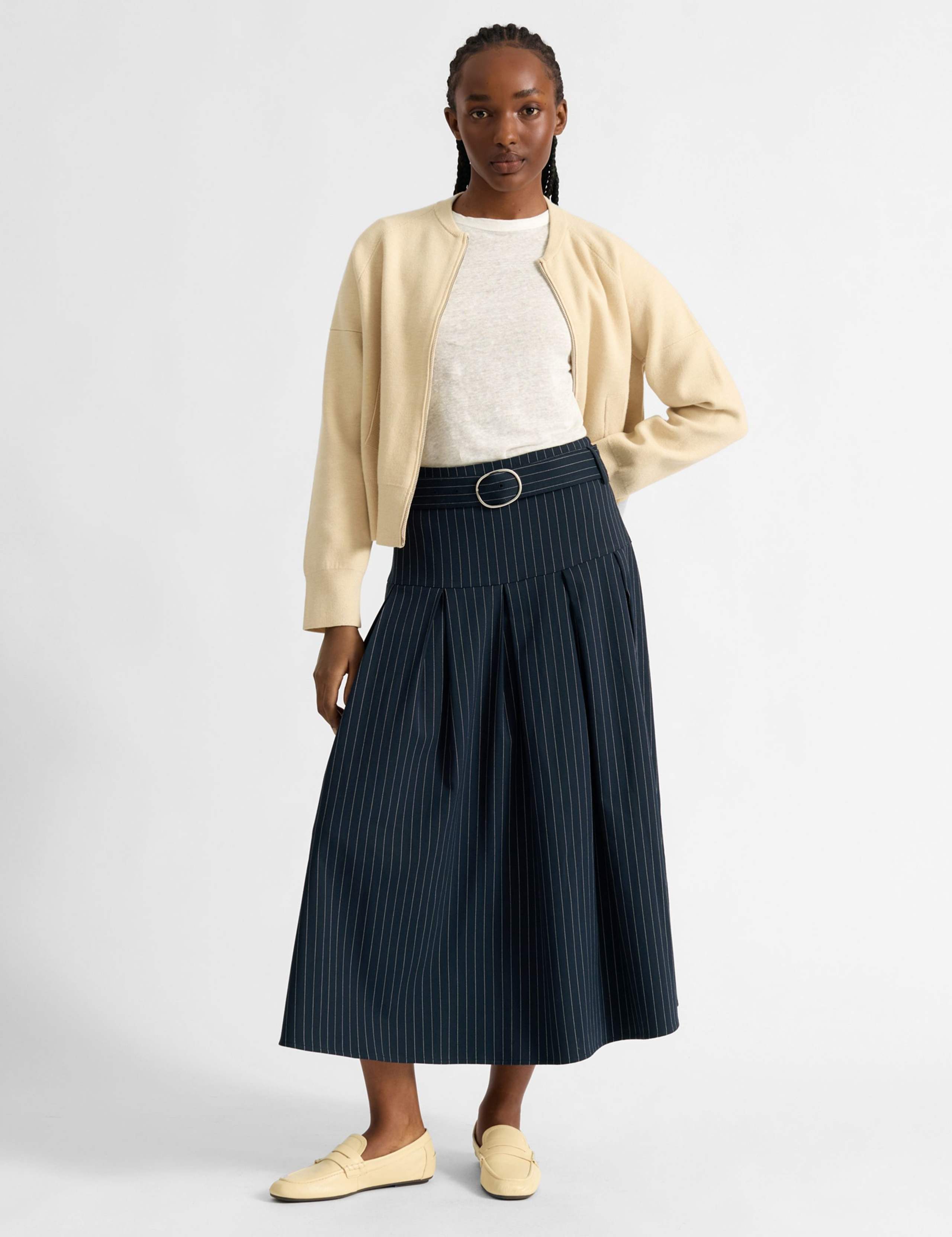 Pinstripe Belted Pleated Midi Skirt 1 of 4