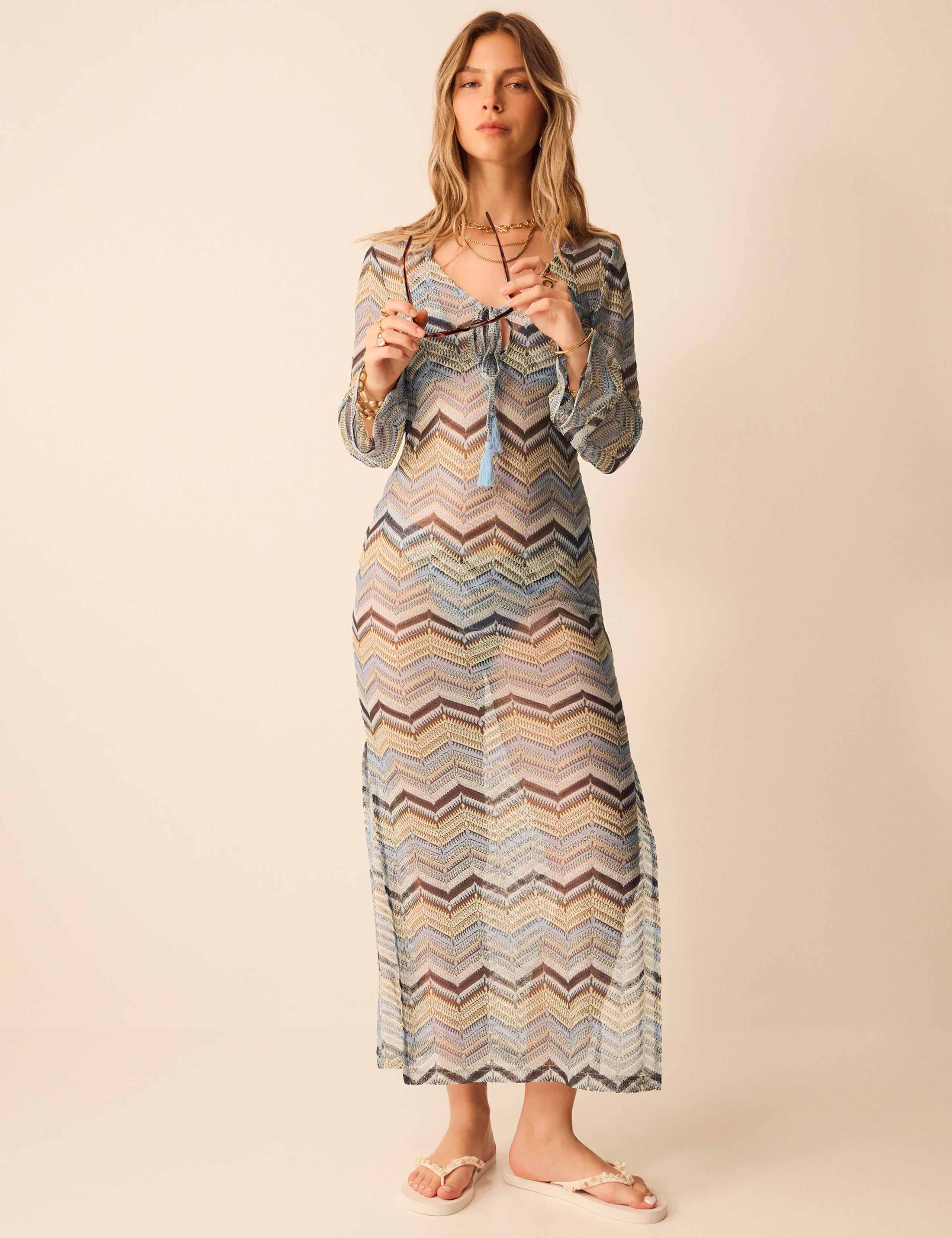 Striped Tie Neck Maxi Beach Dress 1 of 4