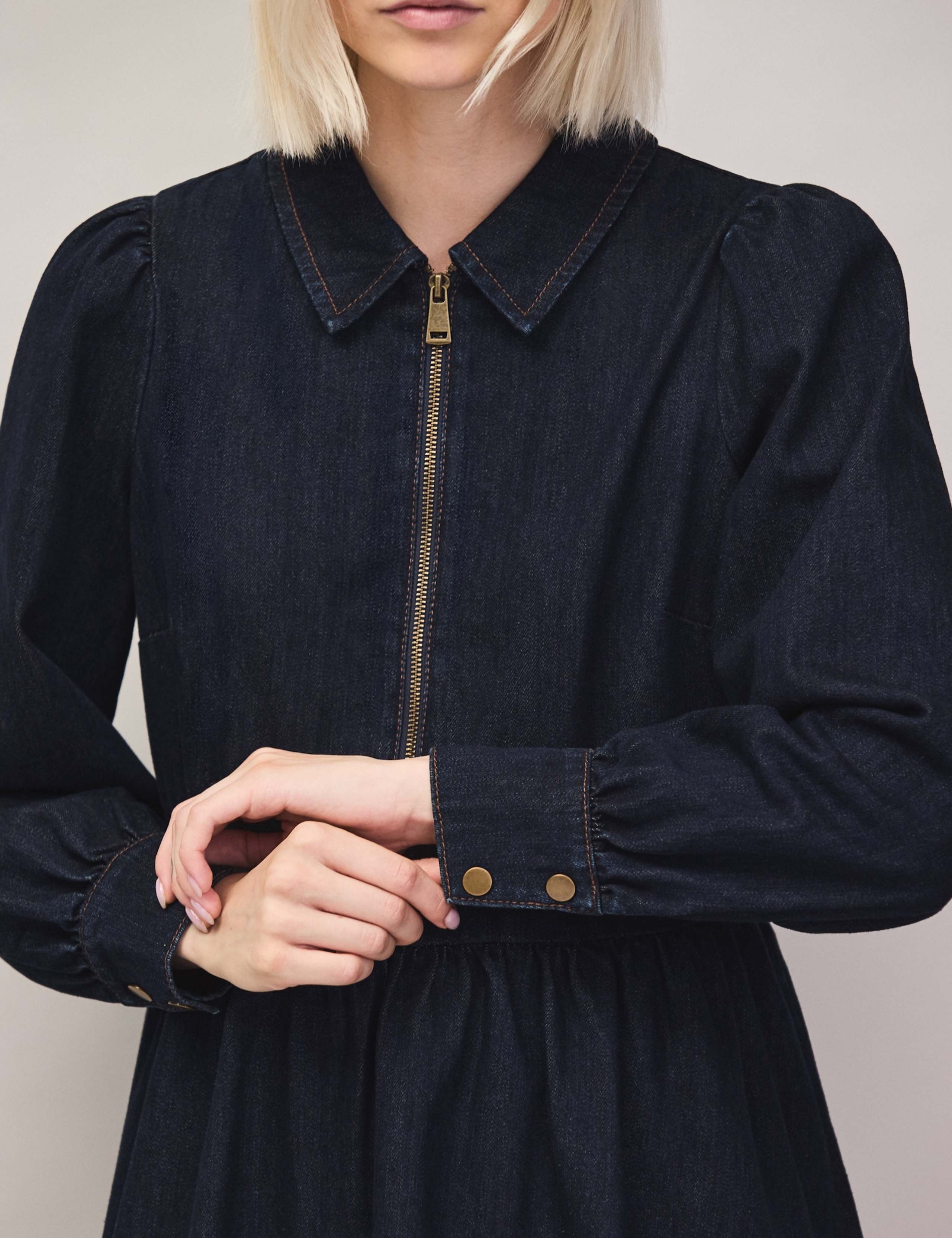 Denim Zip Front Mini Waisted Dress 2 of 6