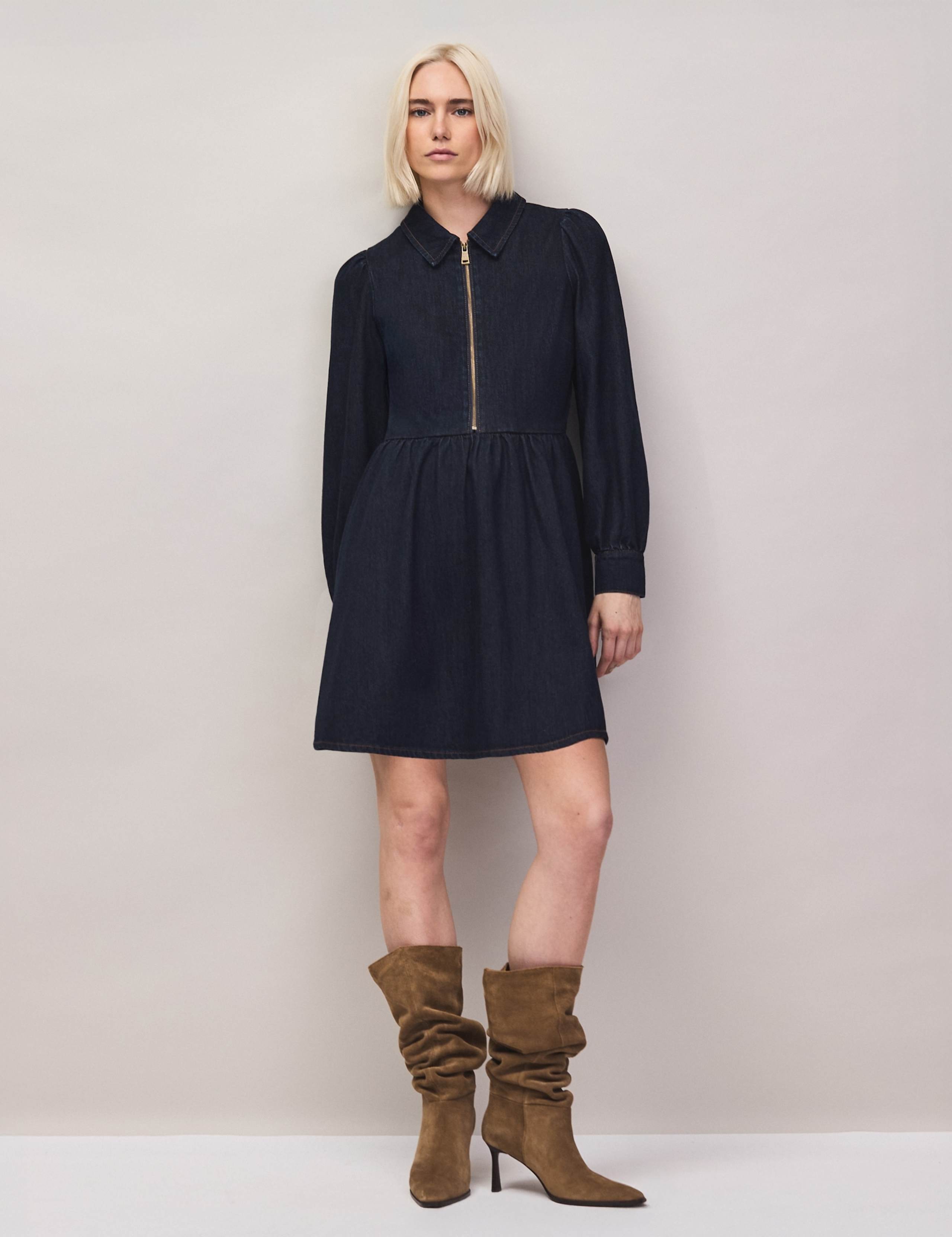 Denim Zip Front Mini Waisted Dress 4 of 6