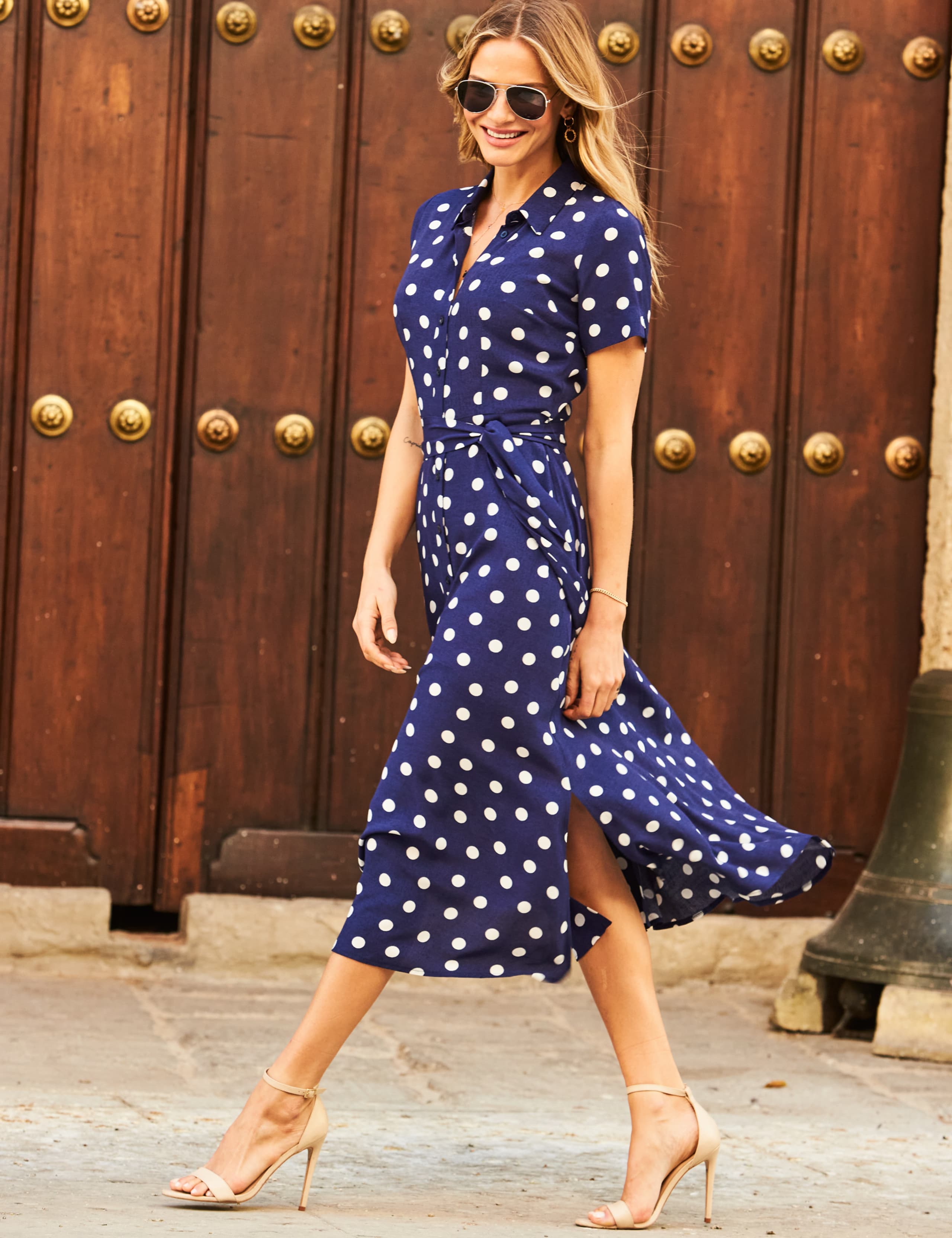 Polka Dot Short Sleeve Midi Shirt Dress 1 of 4