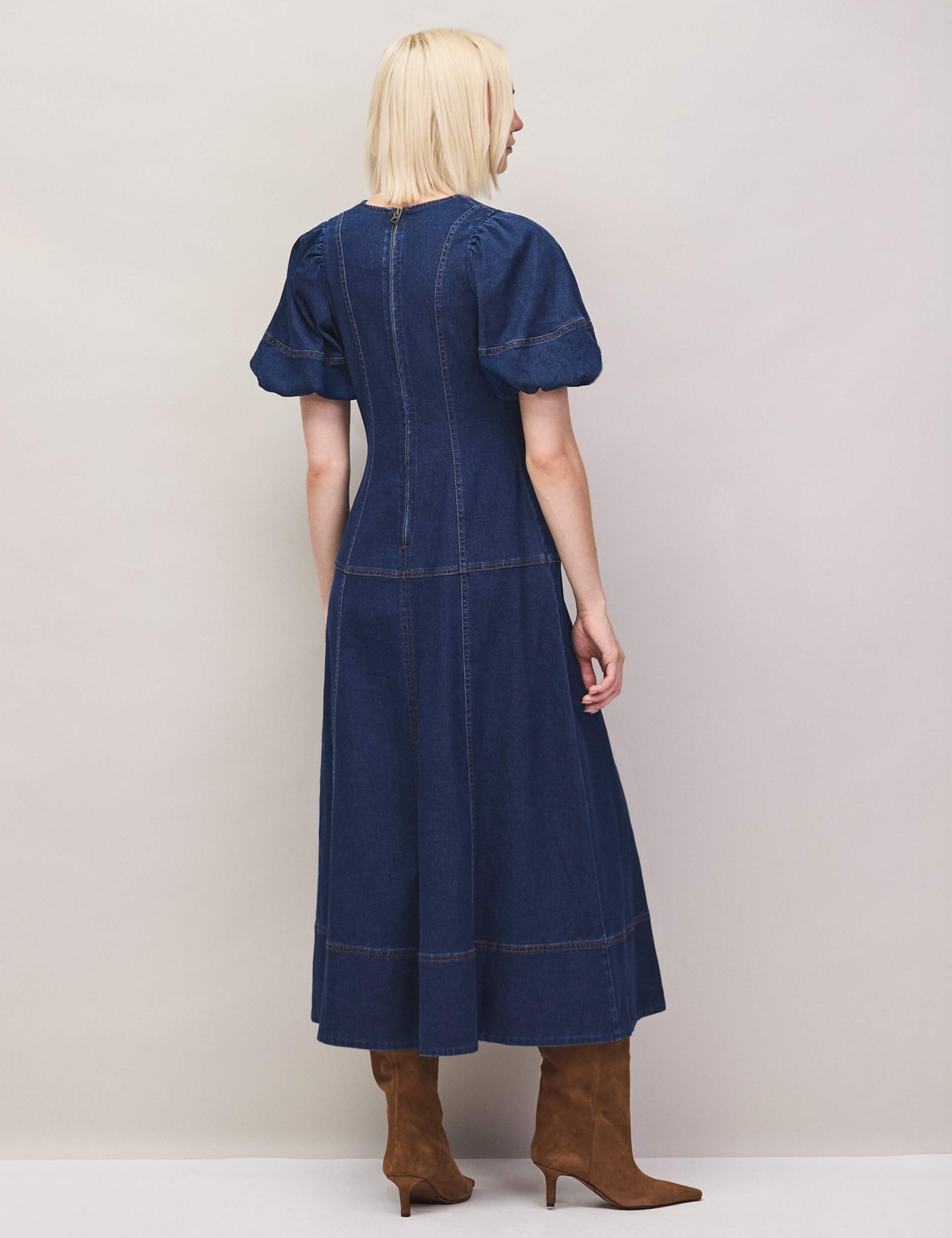 Denim V-Neck Puff Sleeve Midi Wasited Dress 2 of 7