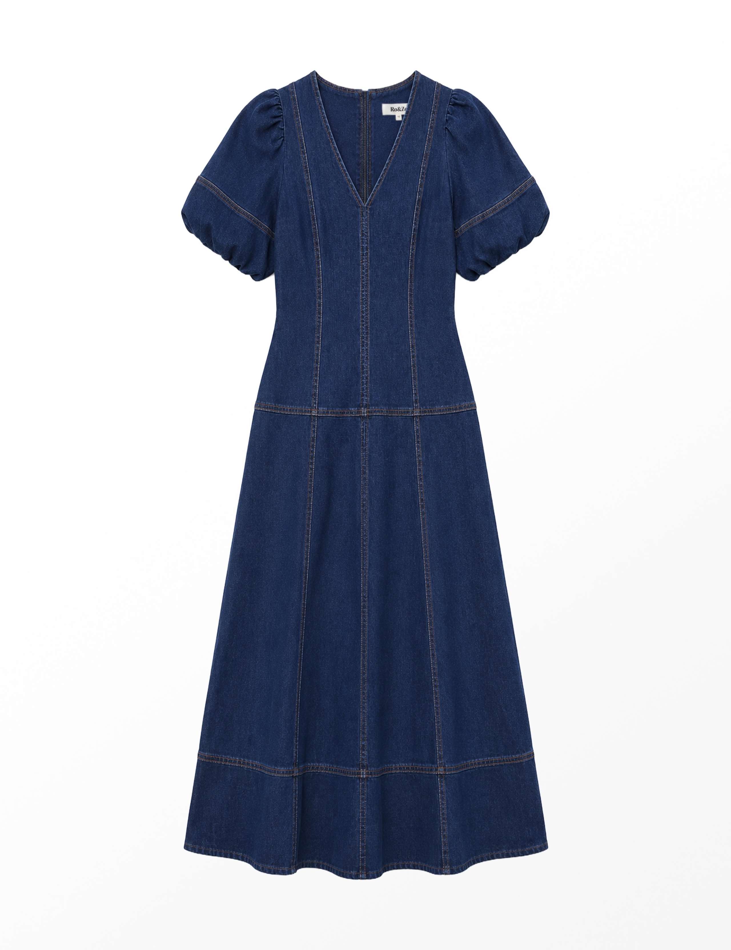 Denim V-Neck Puff Sleeve Midi Wasited Dress 3 of 7