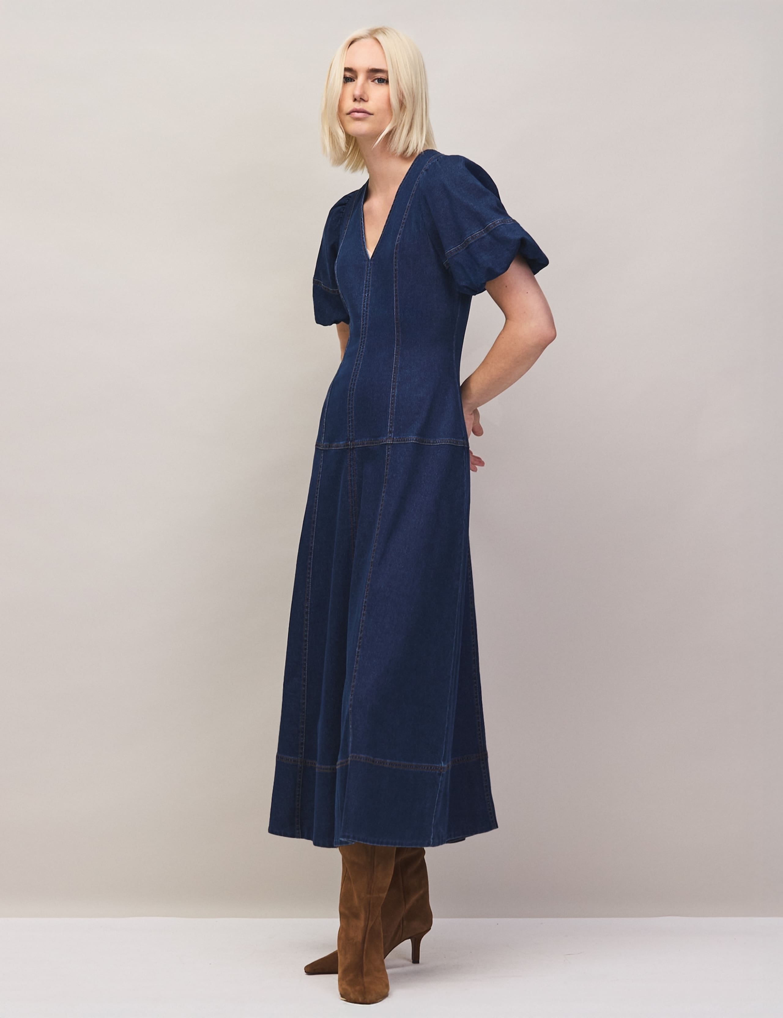 Denim V-Neck Puff Sleeve Midi Wasited Dress 4 of 7