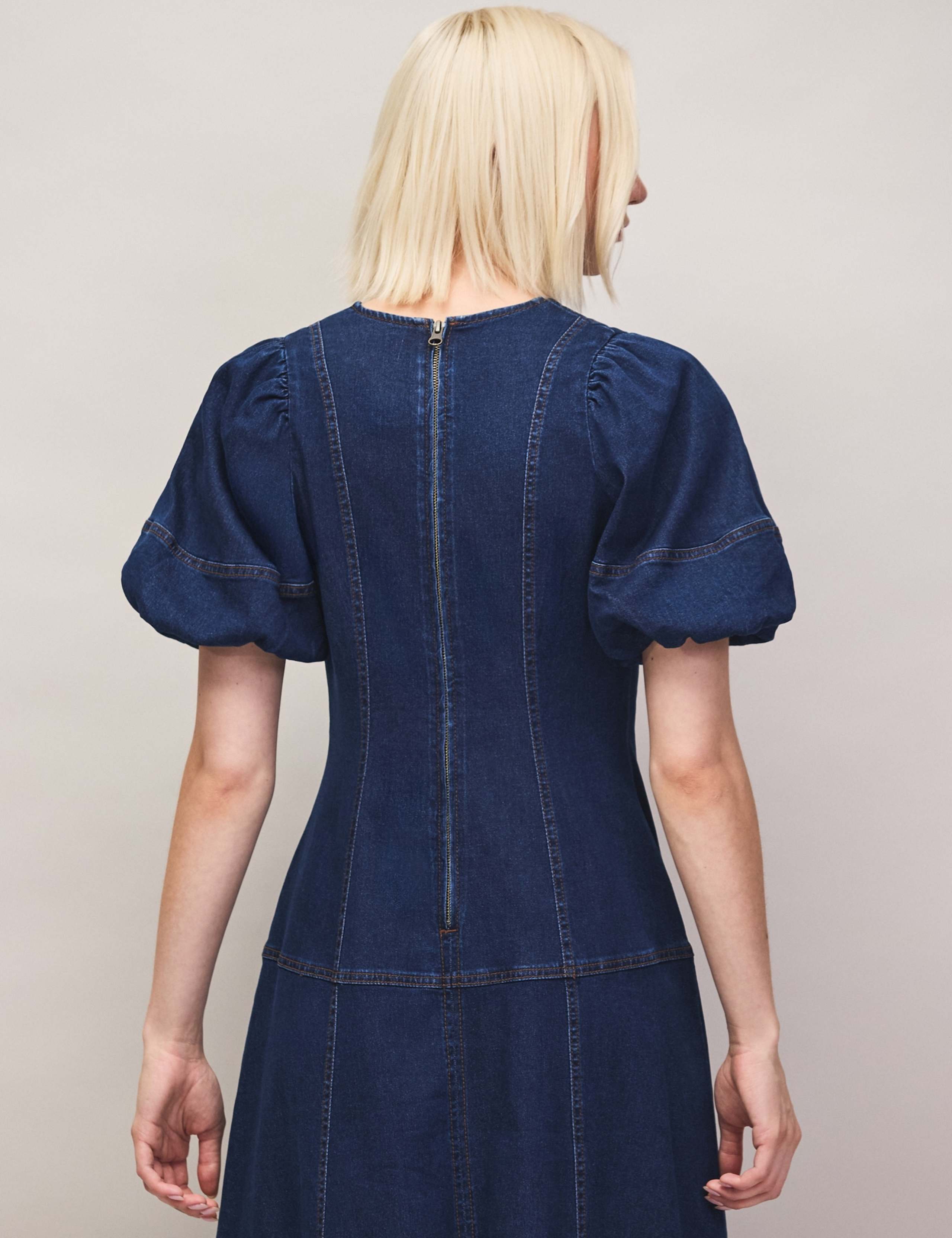 Denim V-Neck Puff Sleeve Midi Wasited Dress 5 of 7