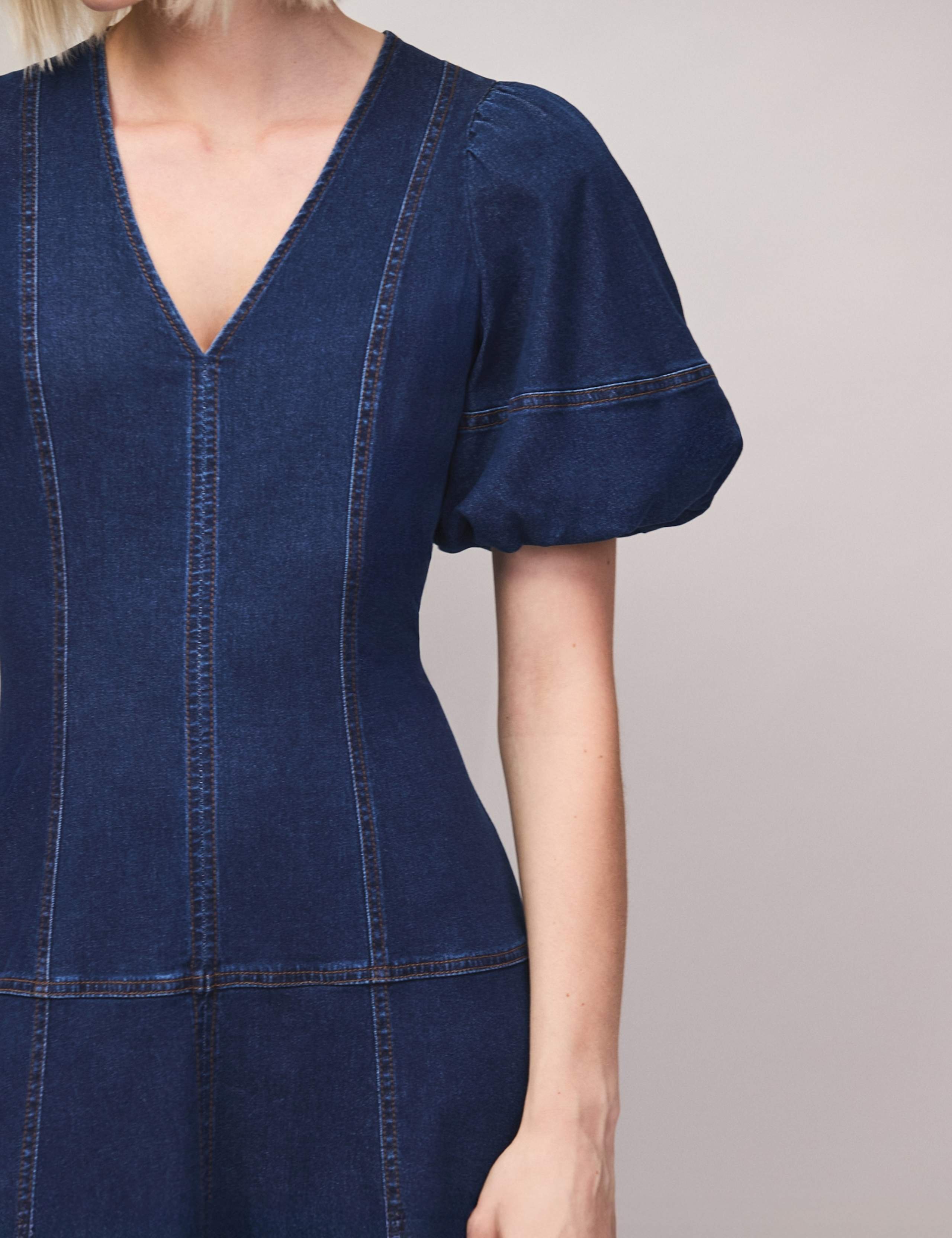 Denim V-Neck Puff Sleeve Midi Wasited Dress 6 of 7