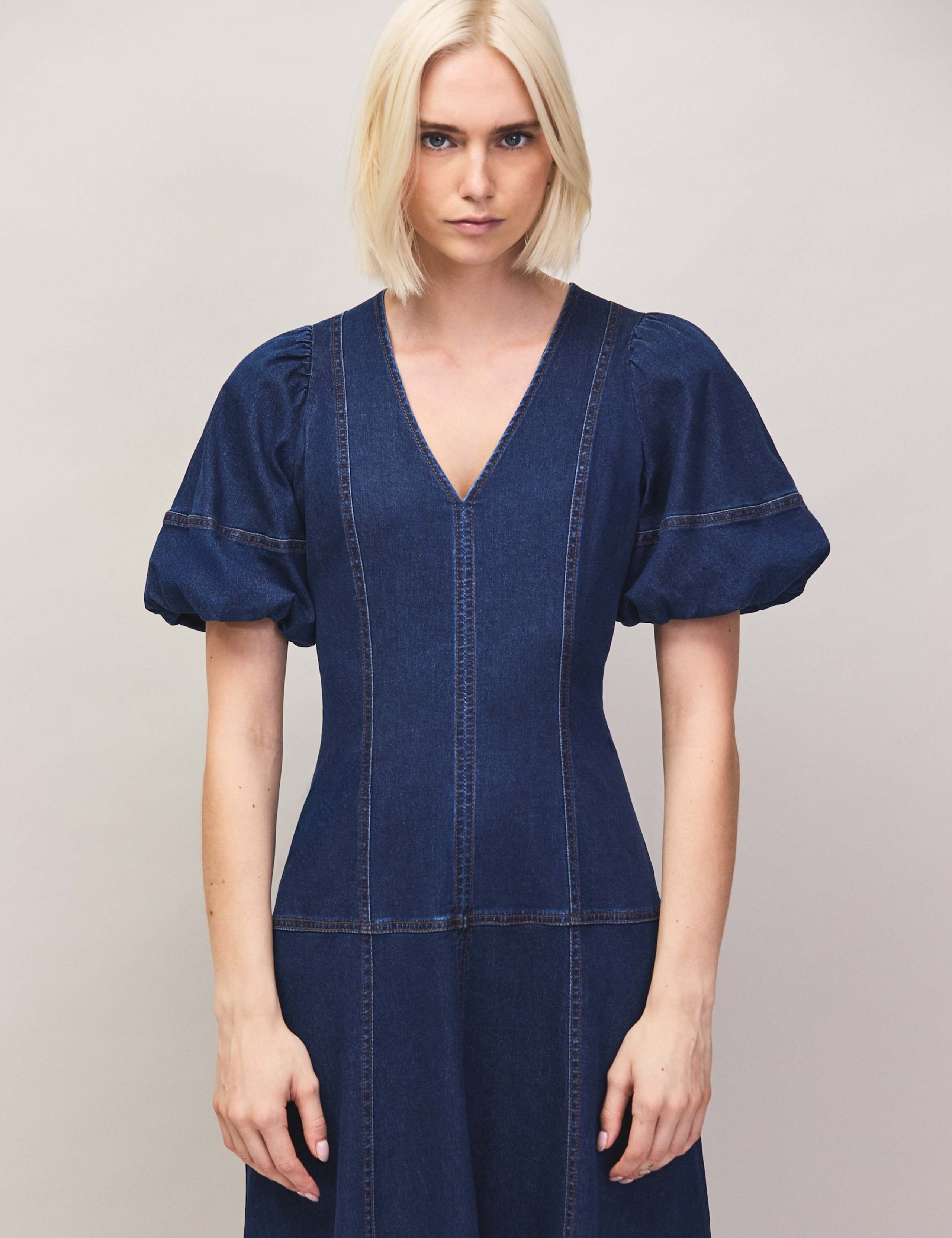Denim V-Neck Puff Sleeve Midi Wasited Dress 7 of 7