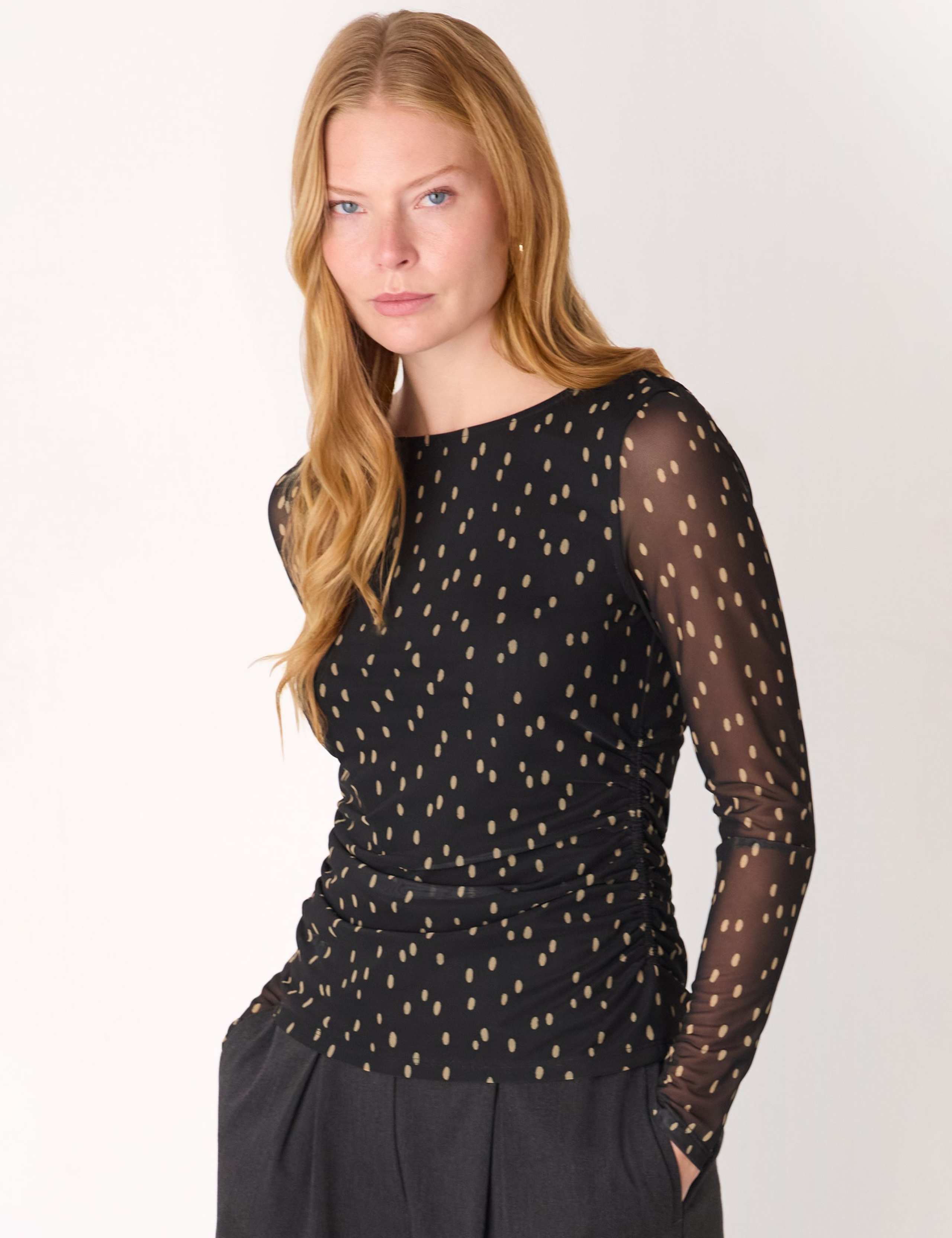 Jersey Polka Dot Ruched Slash Neck Top 1 of 4