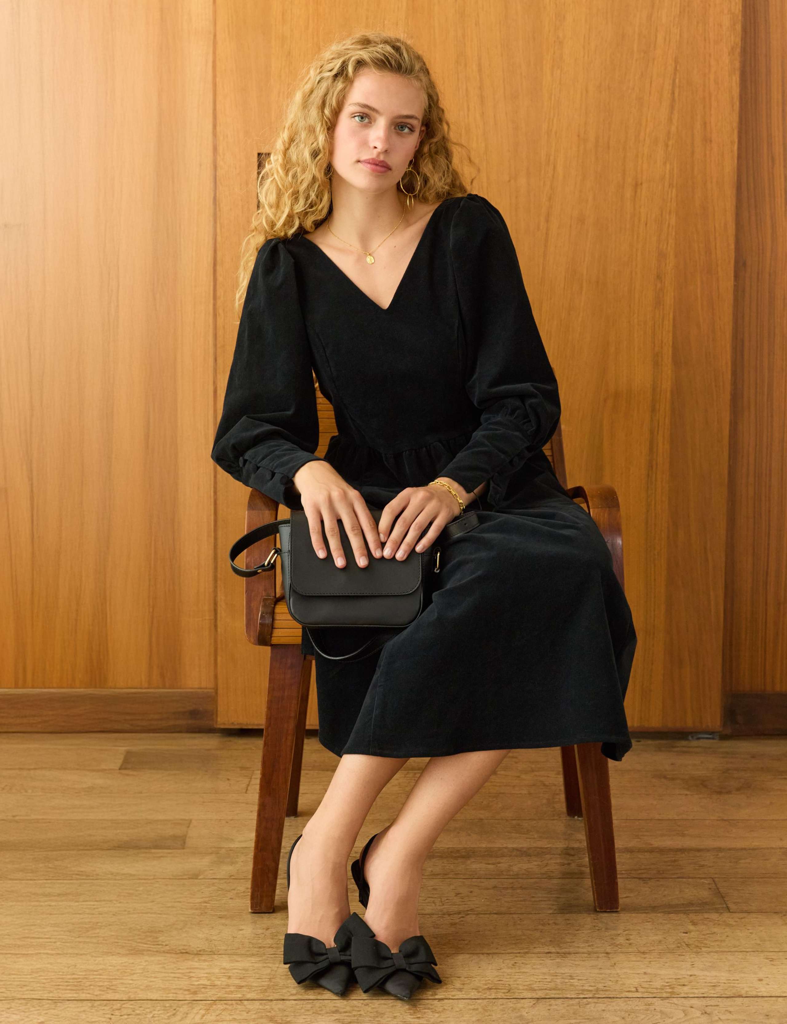 Cotton Rich Velvet V-Neck Midi Skater Dress 3 of 6