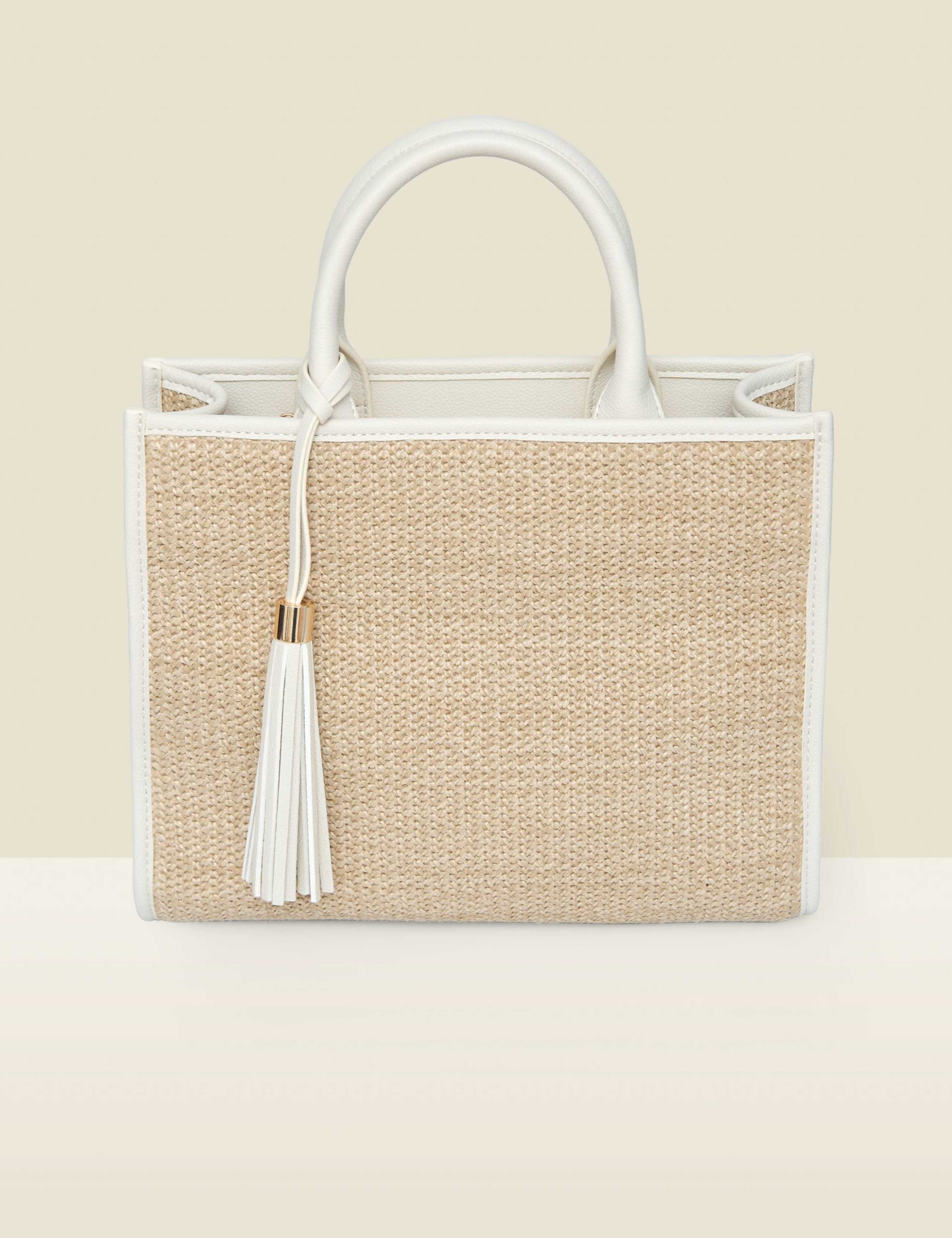 Raffia Contrast Trim Tassel Tote Bag 1 of 3
