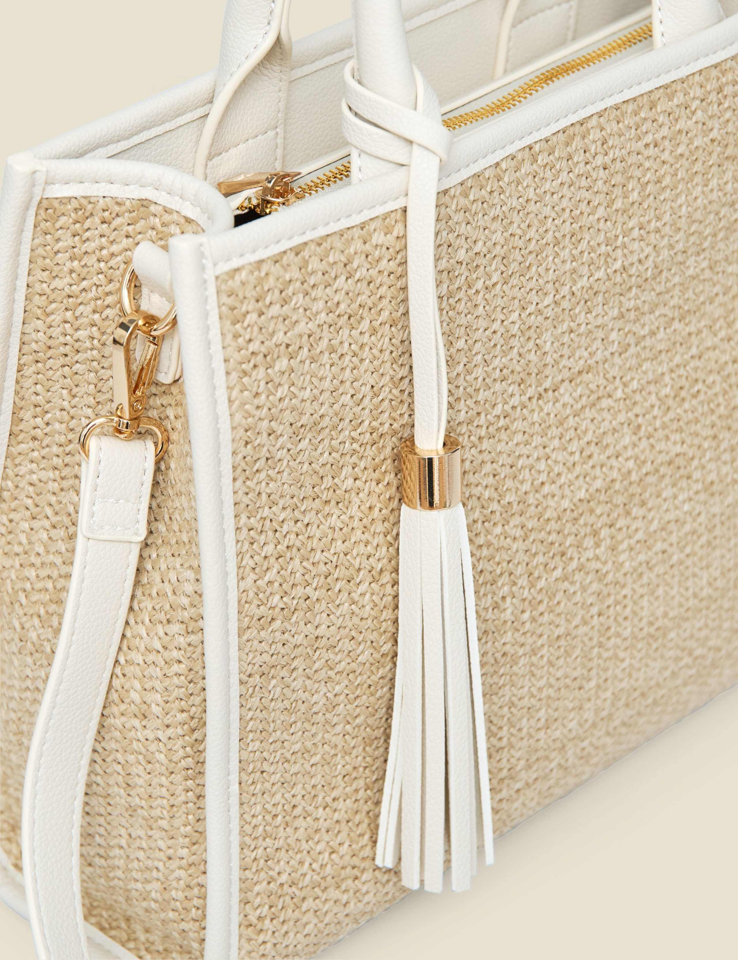 Raffia Contrast Trim Tassel Tote Bag 3 of 3