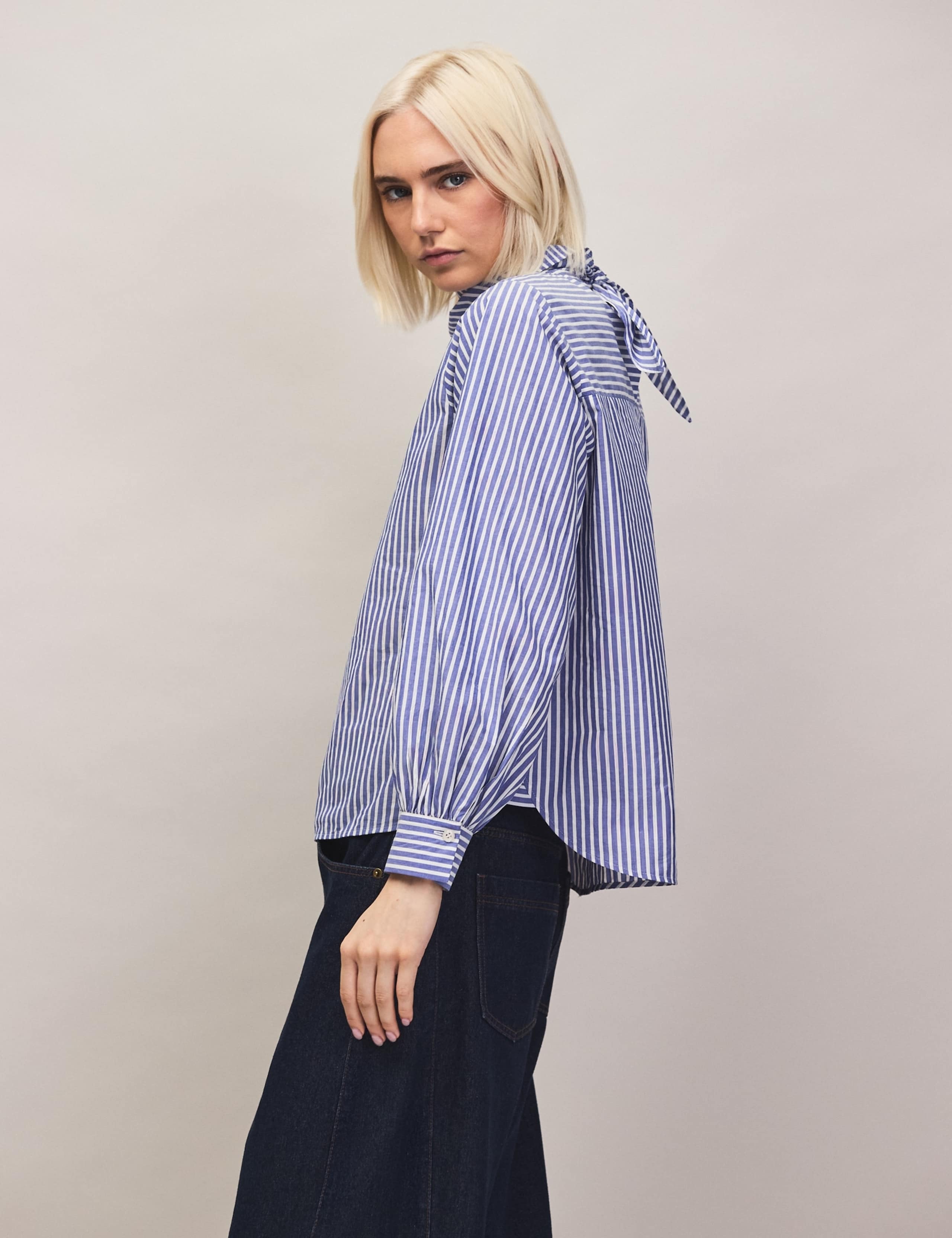 Pure Cotton Striped Scarf Neck Blouse 2 of 6