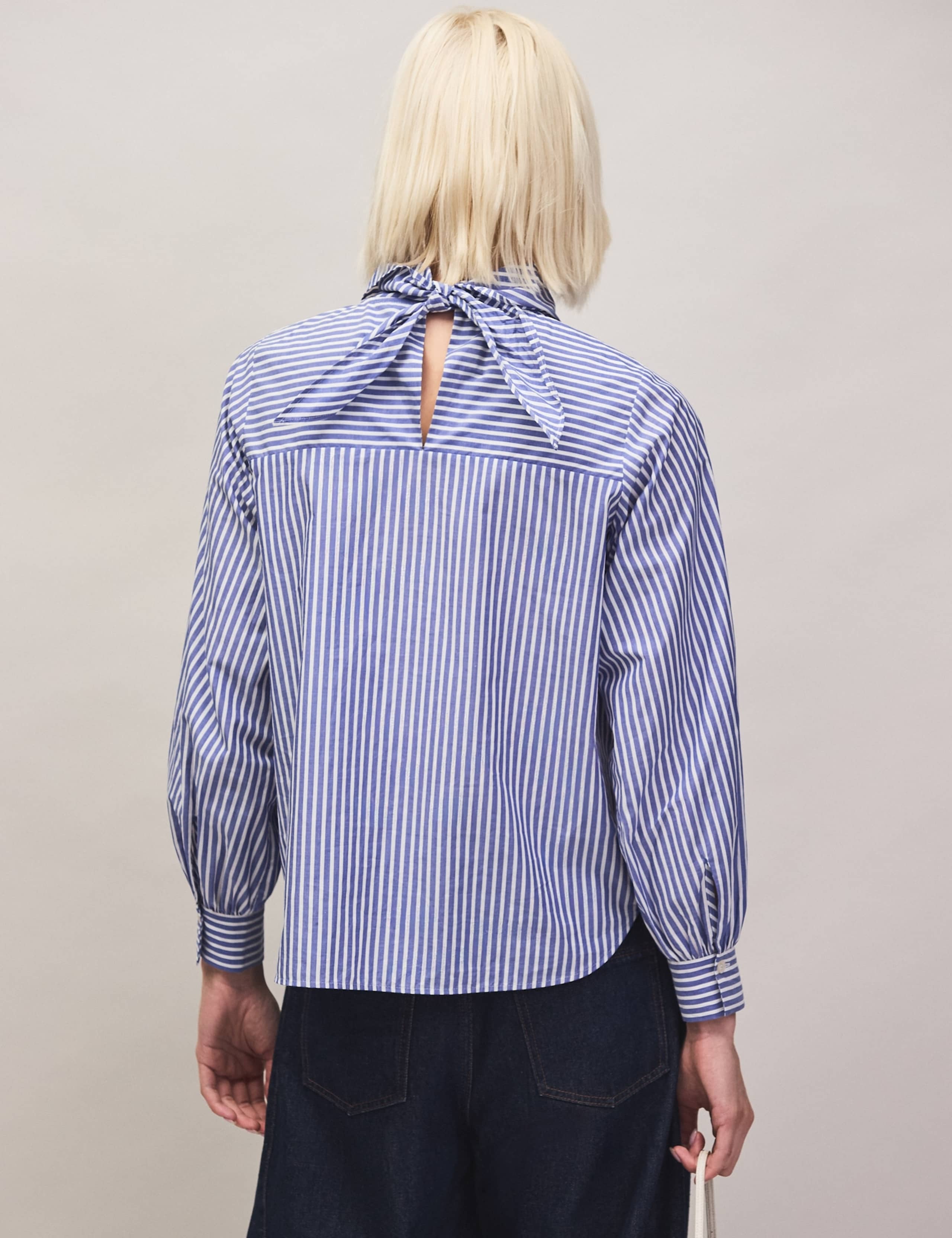 Pure Cotton Striped Scarf Neck Blouse 3 of 6