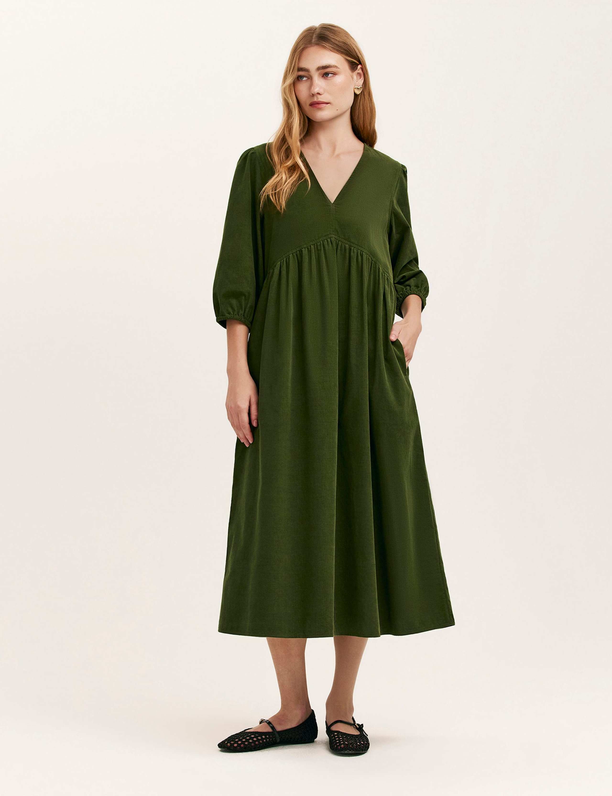 Cord V-Neck Puff Sleeve Midi Smock Dress 1 of 4