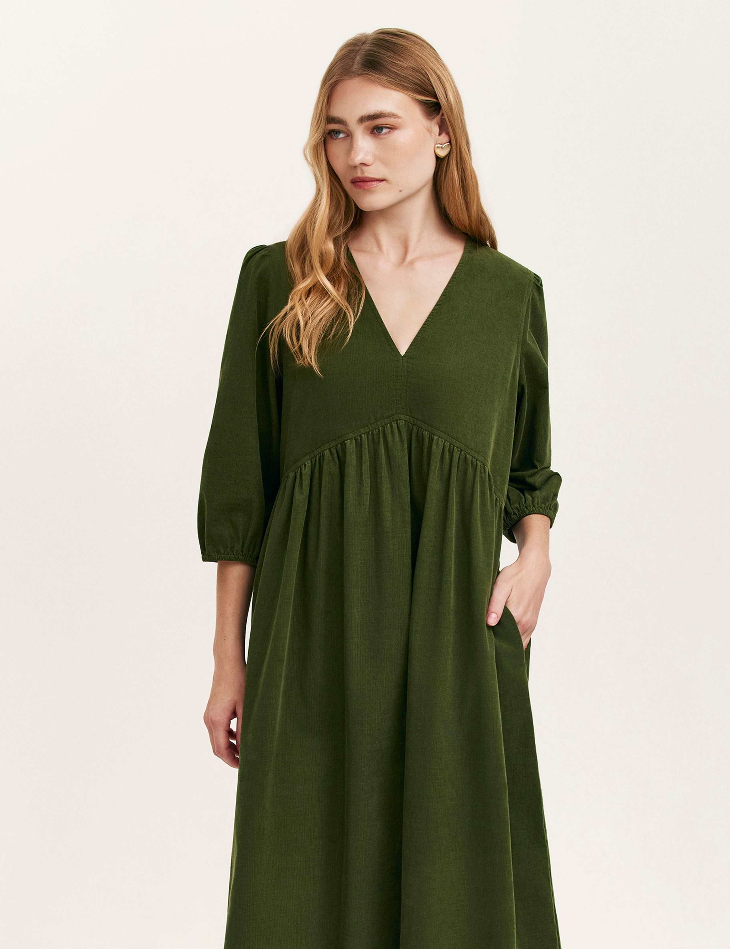 Cord V-Neck Puff Sleeve Midi Smock Dress 2 of 4