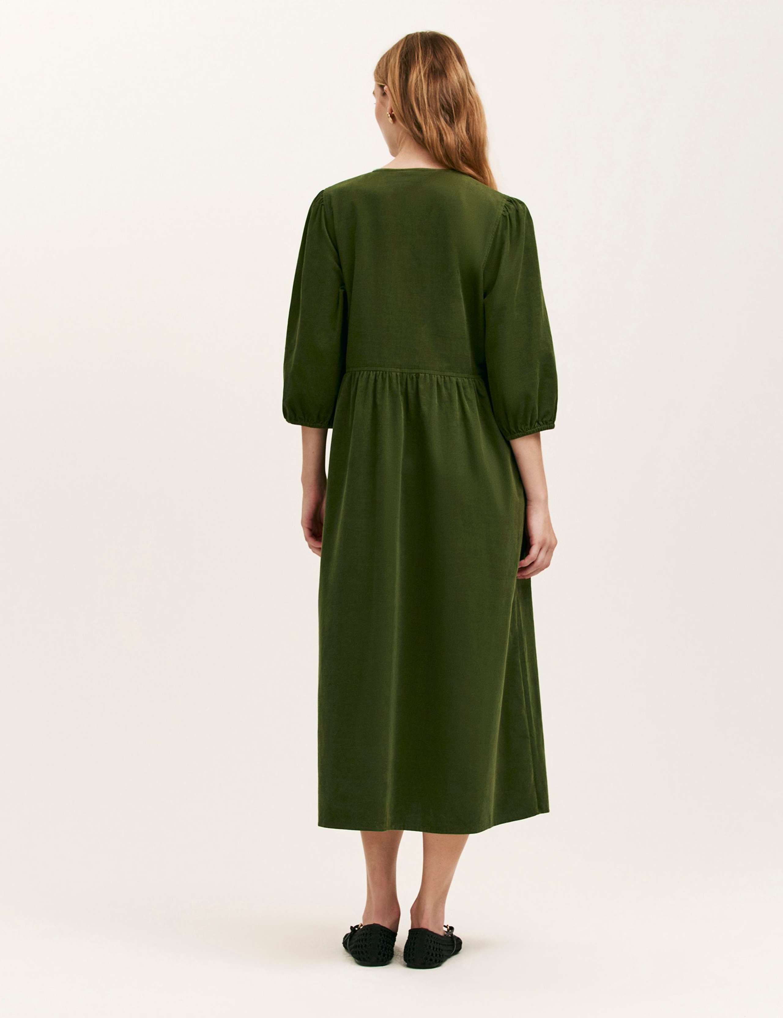 Cord V-Neck Puff Sleeve Midi Smock Dress 3 of 4