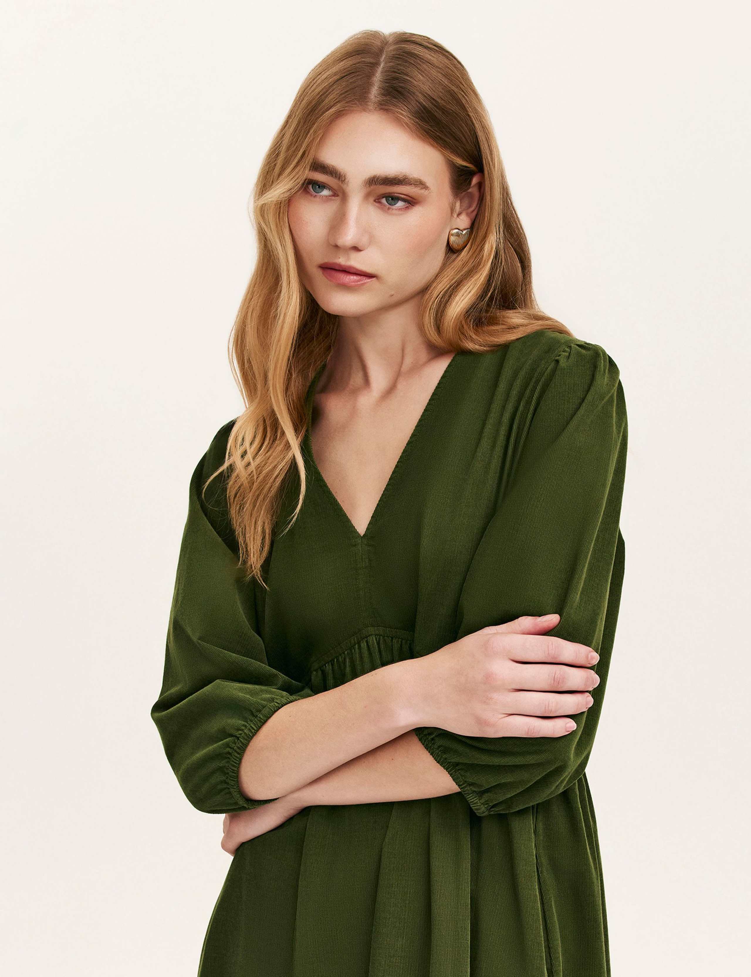 Cord V-Neck Puff Sleeve Midi Smock Dress 4 of 4