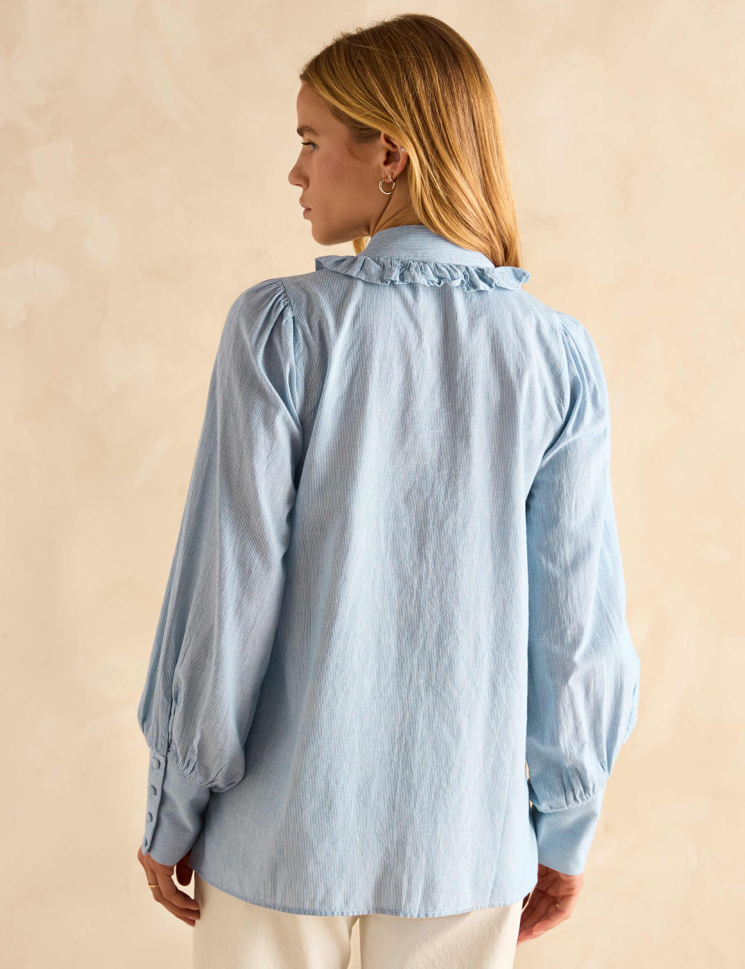 Pure Cotton Striped Tie Neck Ruffle Blouse 3 of 5