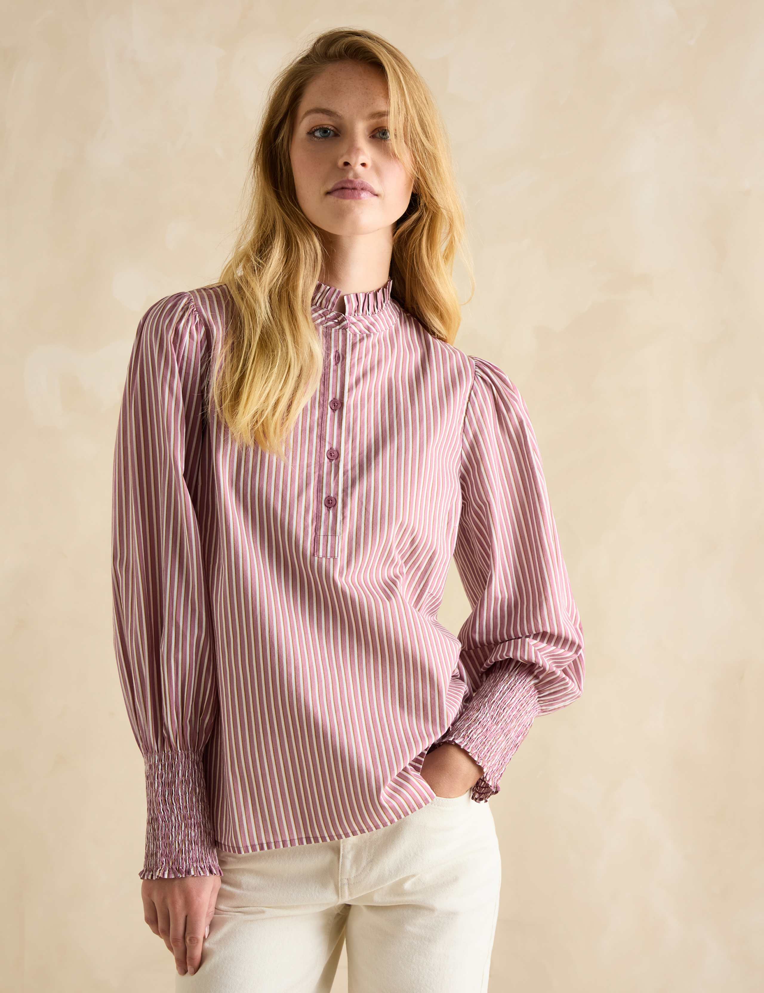 Pure Cotton Striped Frill Neck Blouse | Joules | M&S