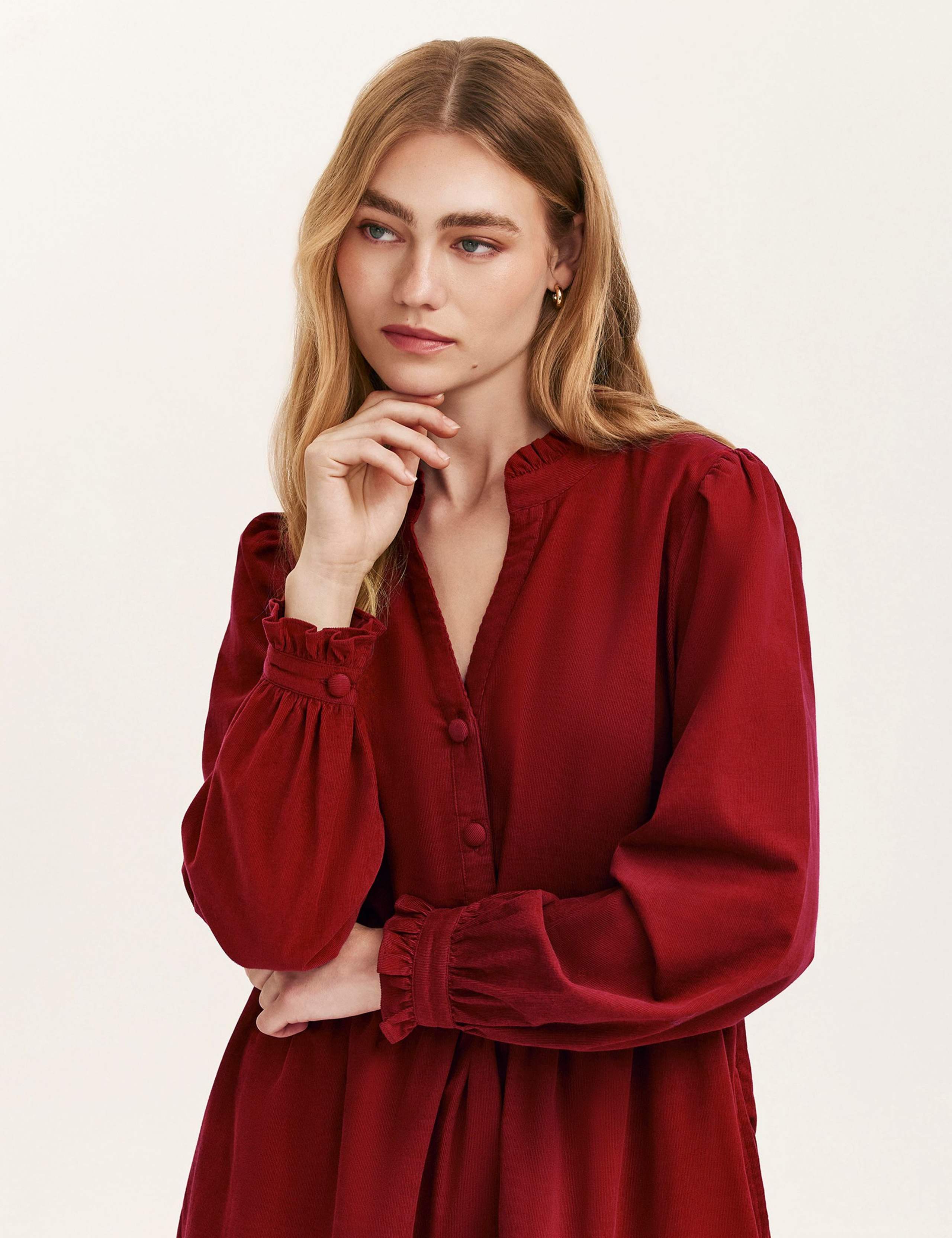 Cord V-Neck Knee Length Tiered Dress 2 of 4