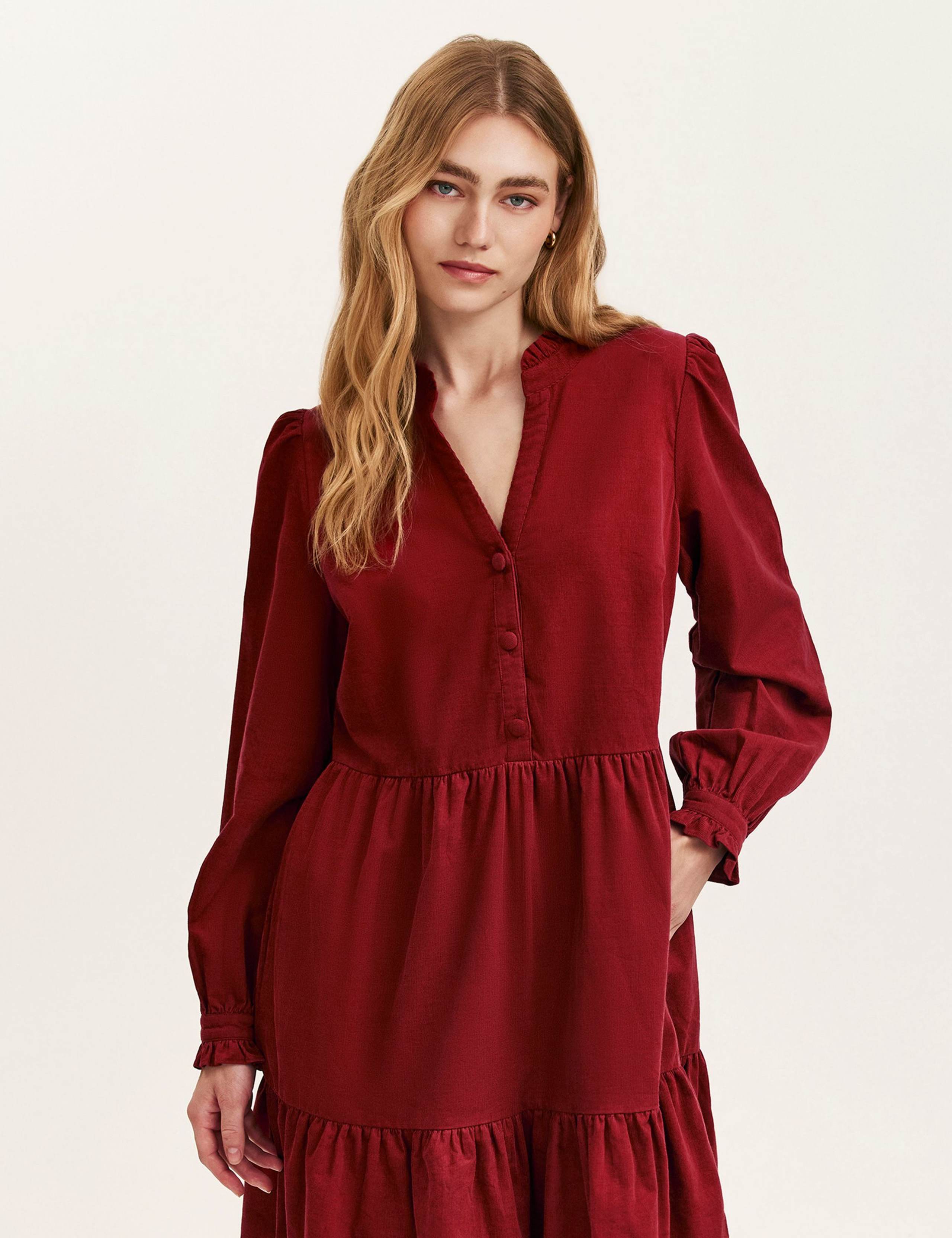 Cord V-Neck Knee Length Tiered Dress 4 of 4