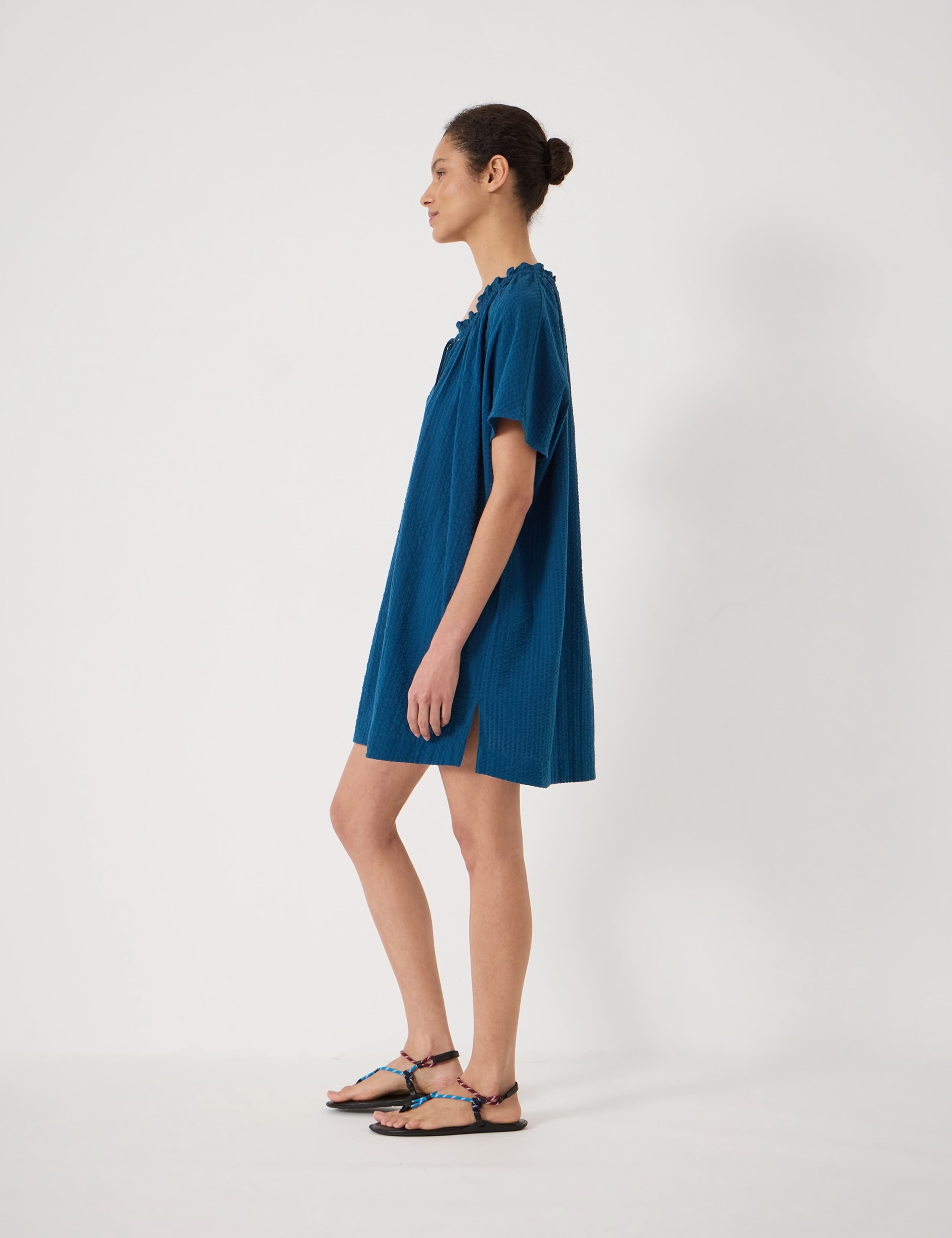 Pure Cotton Textured Tie Neck Mini Beach Dress 3 of 5