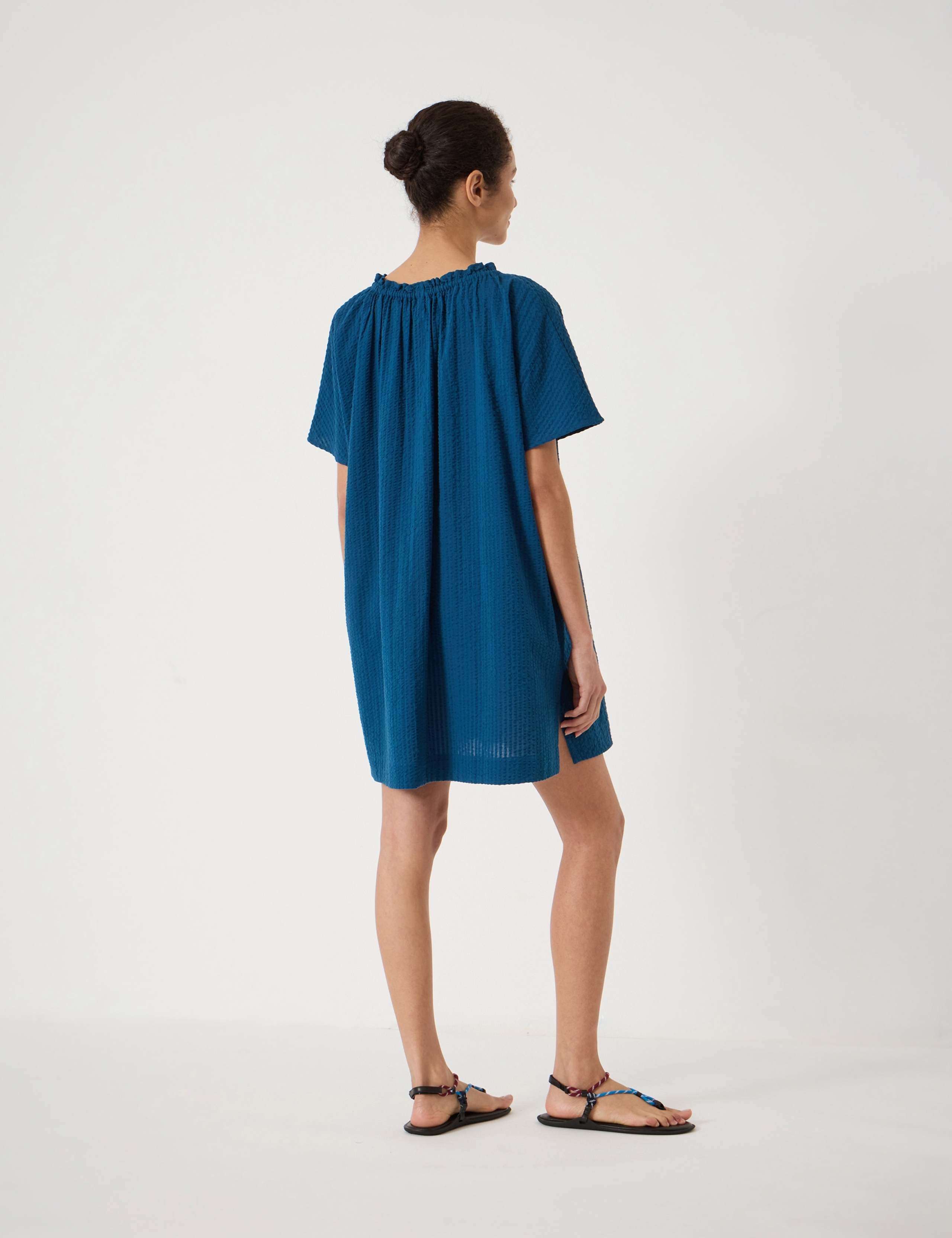 Pure Cotton Textured Tie Neck Mini Beach Dress 4 of 5