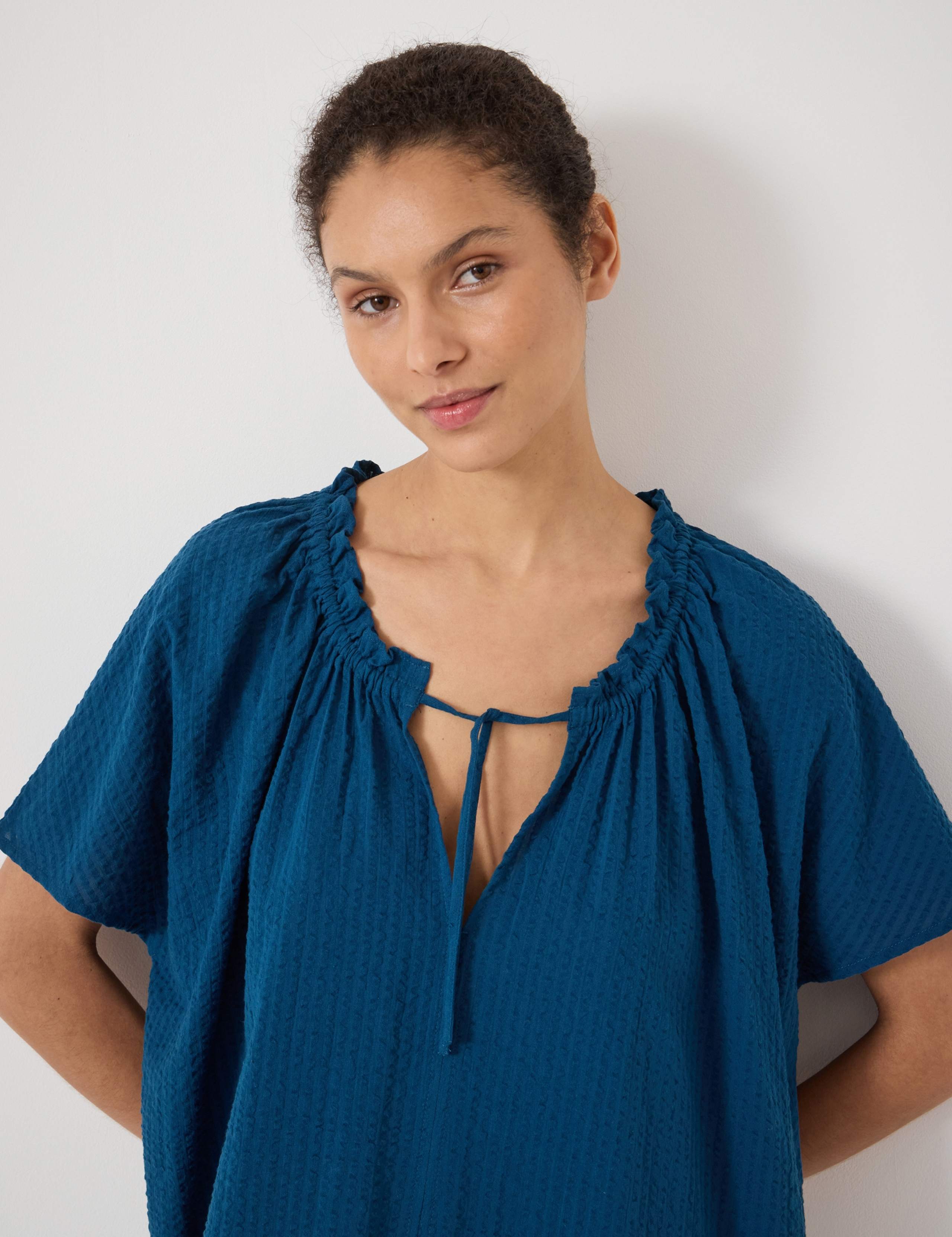 Pure Cotton Textured Tie Neck Mini Beach Dress 5 of 5