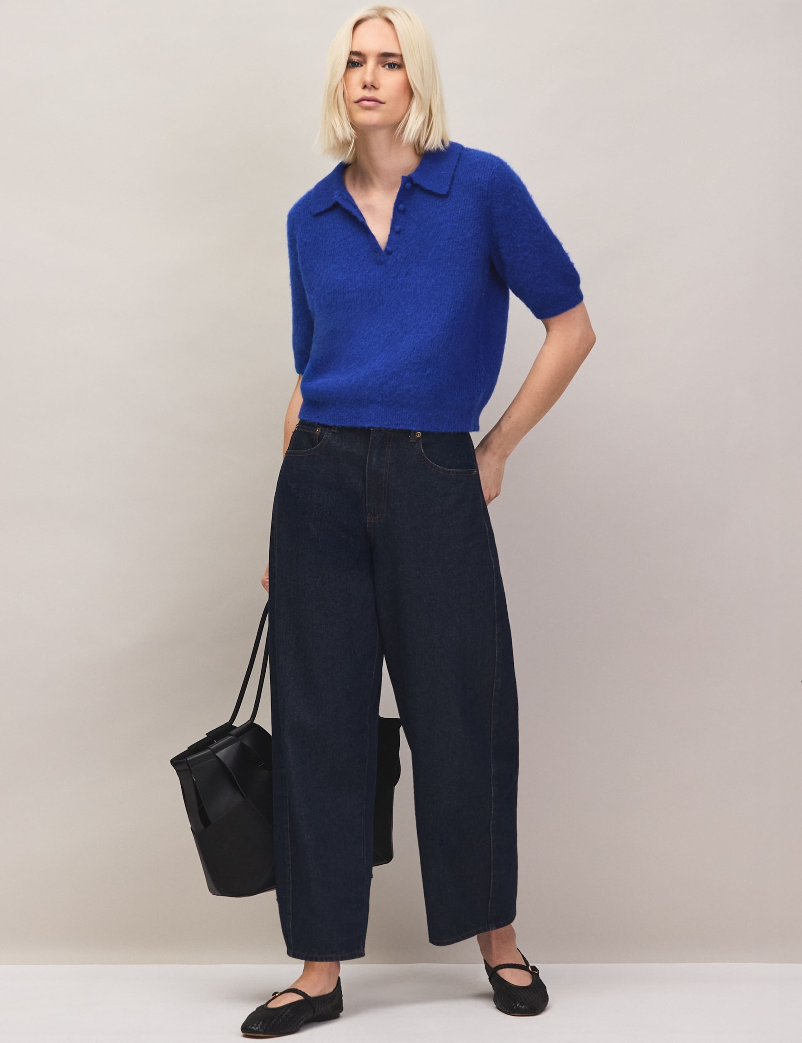 Wool Blend Collared Knitted Puff Sleeve Top 2 of 6