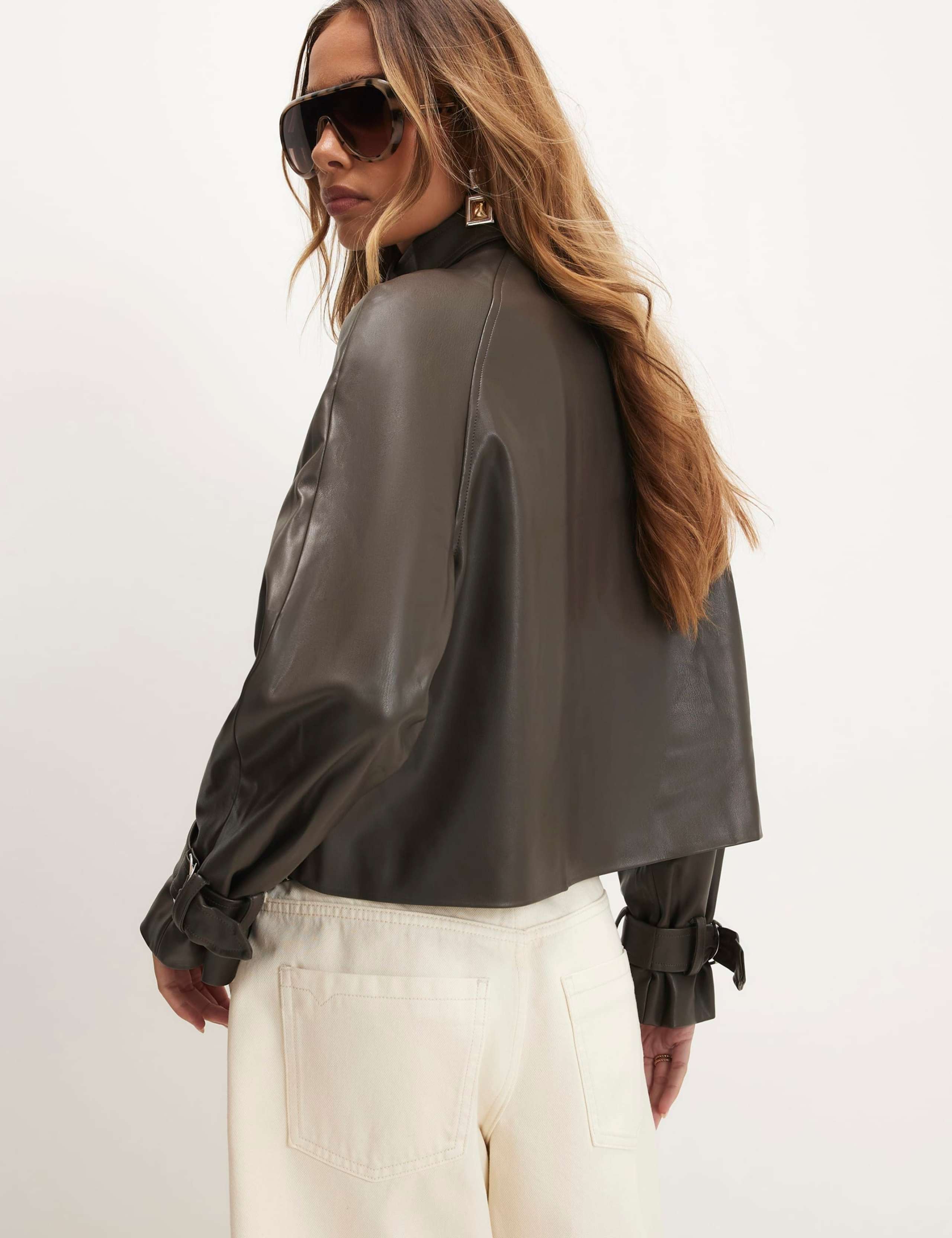 Faux Leather Funnel Neck Cropped Trench Coat 6 of 6