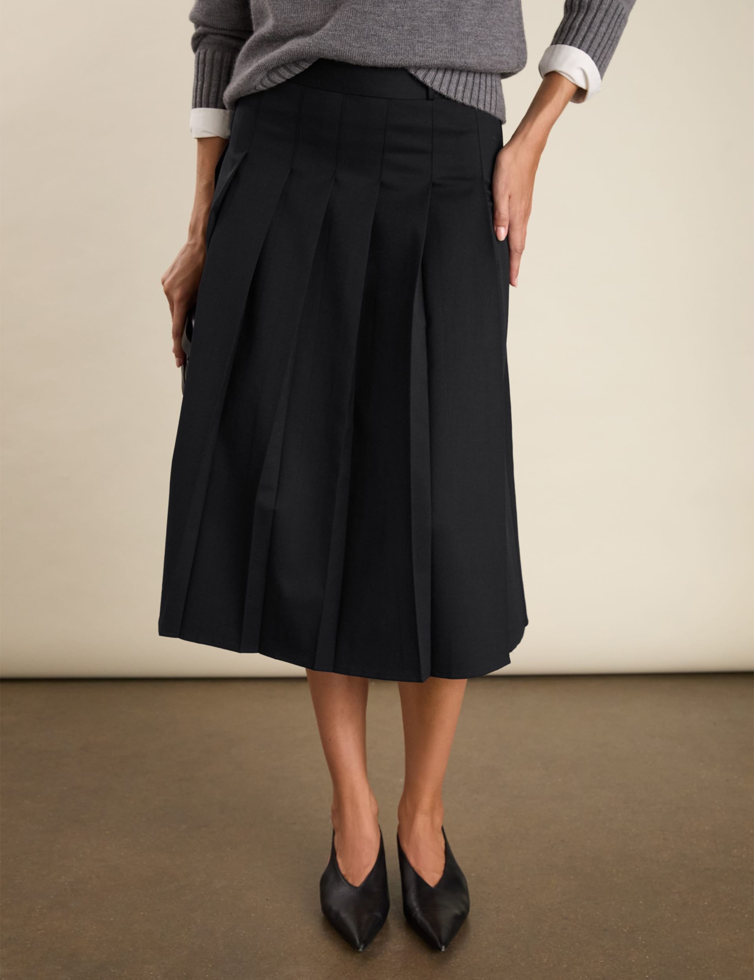 Wool Blend Pleated Midi A-Line Skirt 4 of 5