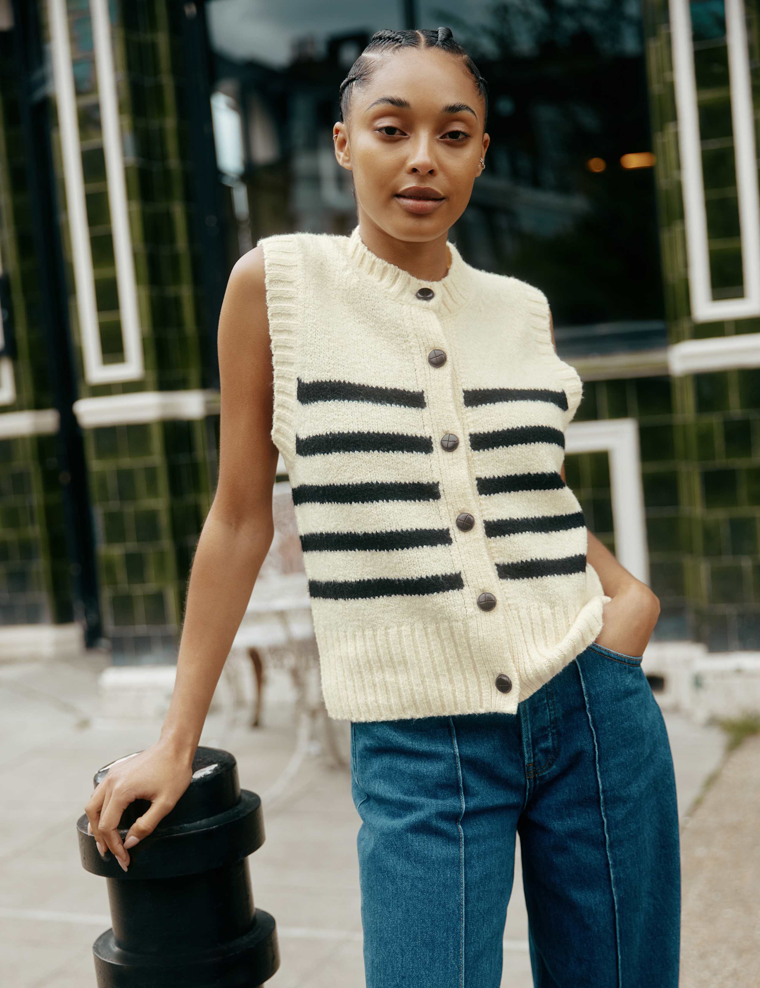 Striped Crew Neck Knitted Top with Wool 1 of 6