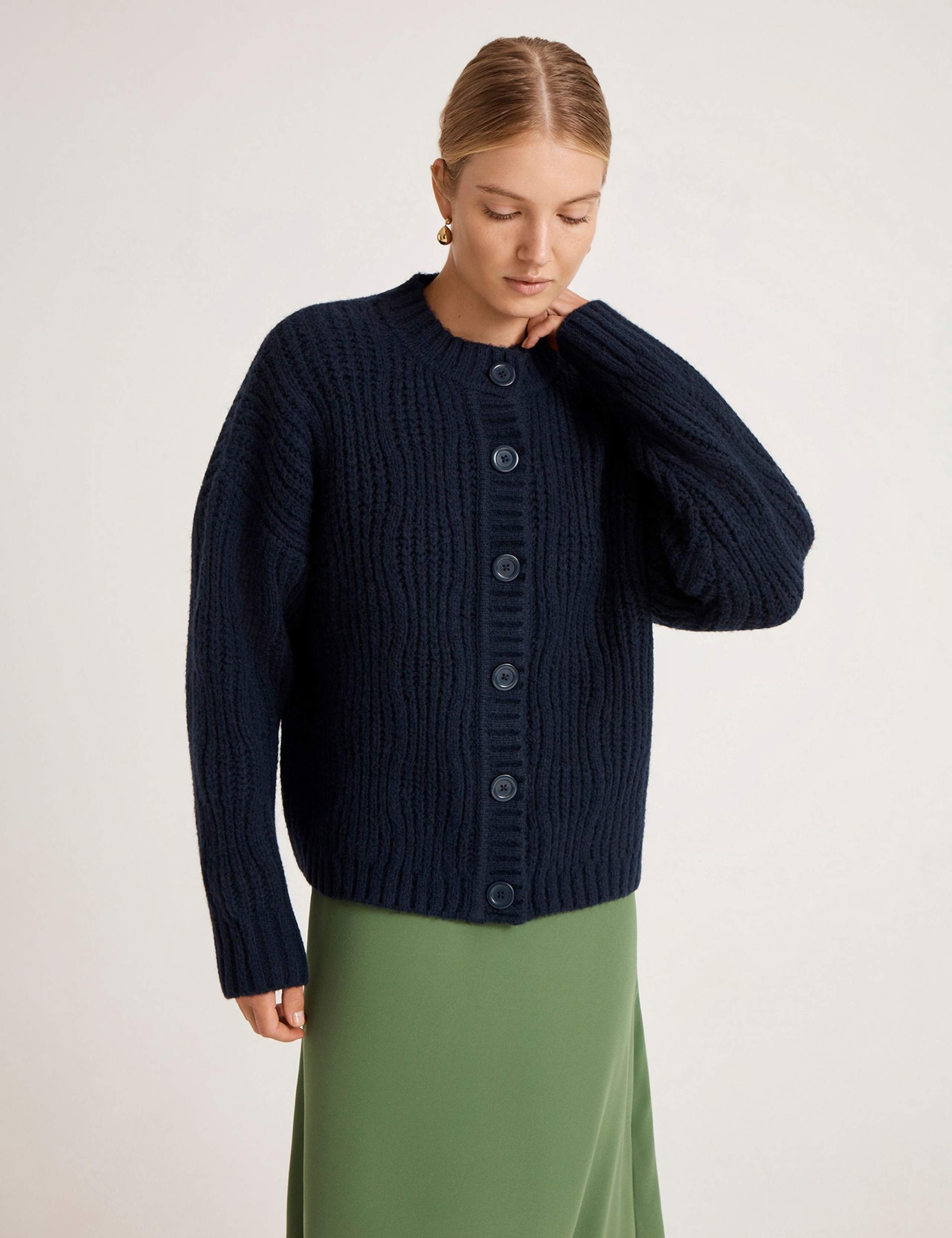 Ribbed Crew Neck Button Front Cardigan 1 of 5