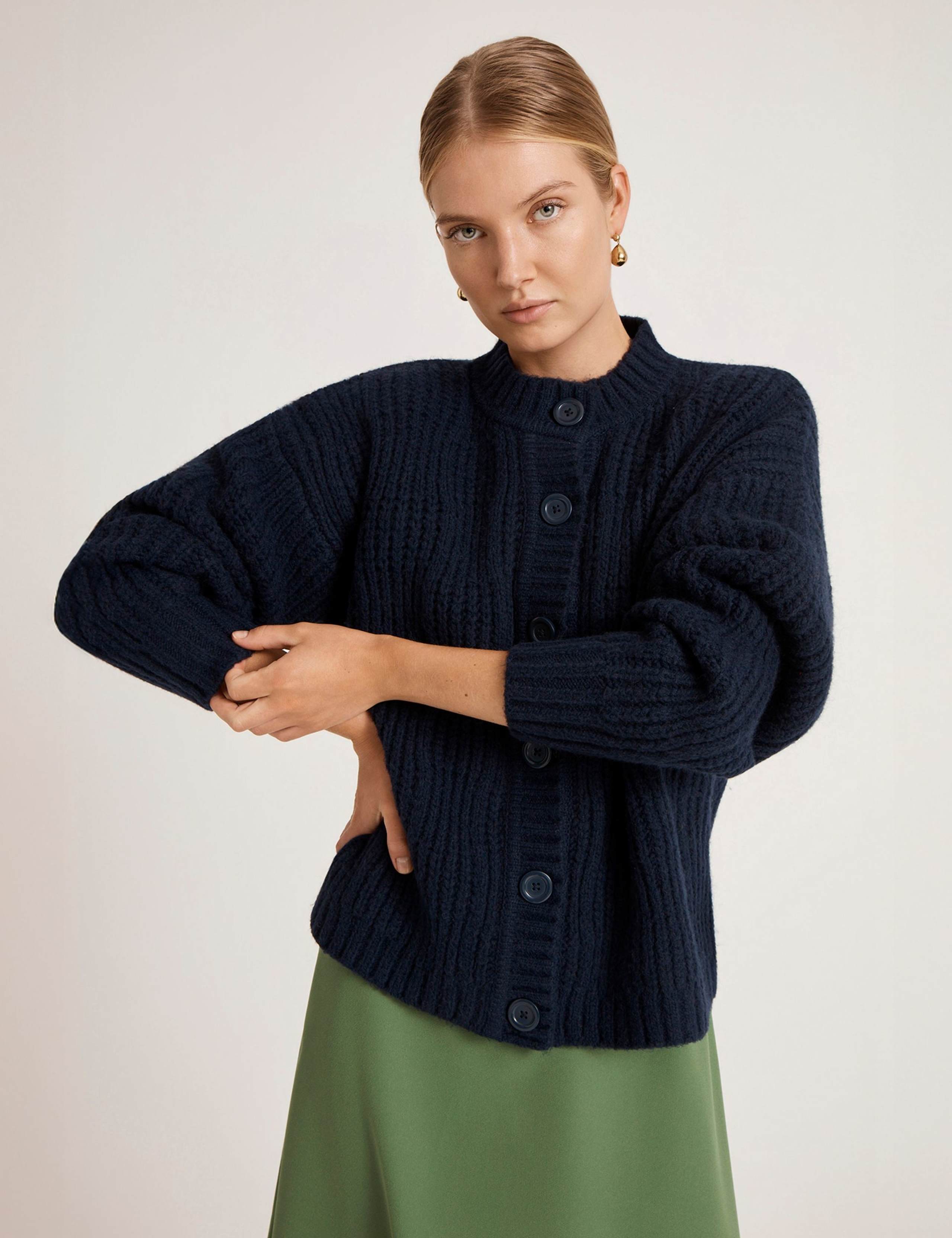 Ribbed Crew Neck Button Front Cardigan 2 of 5