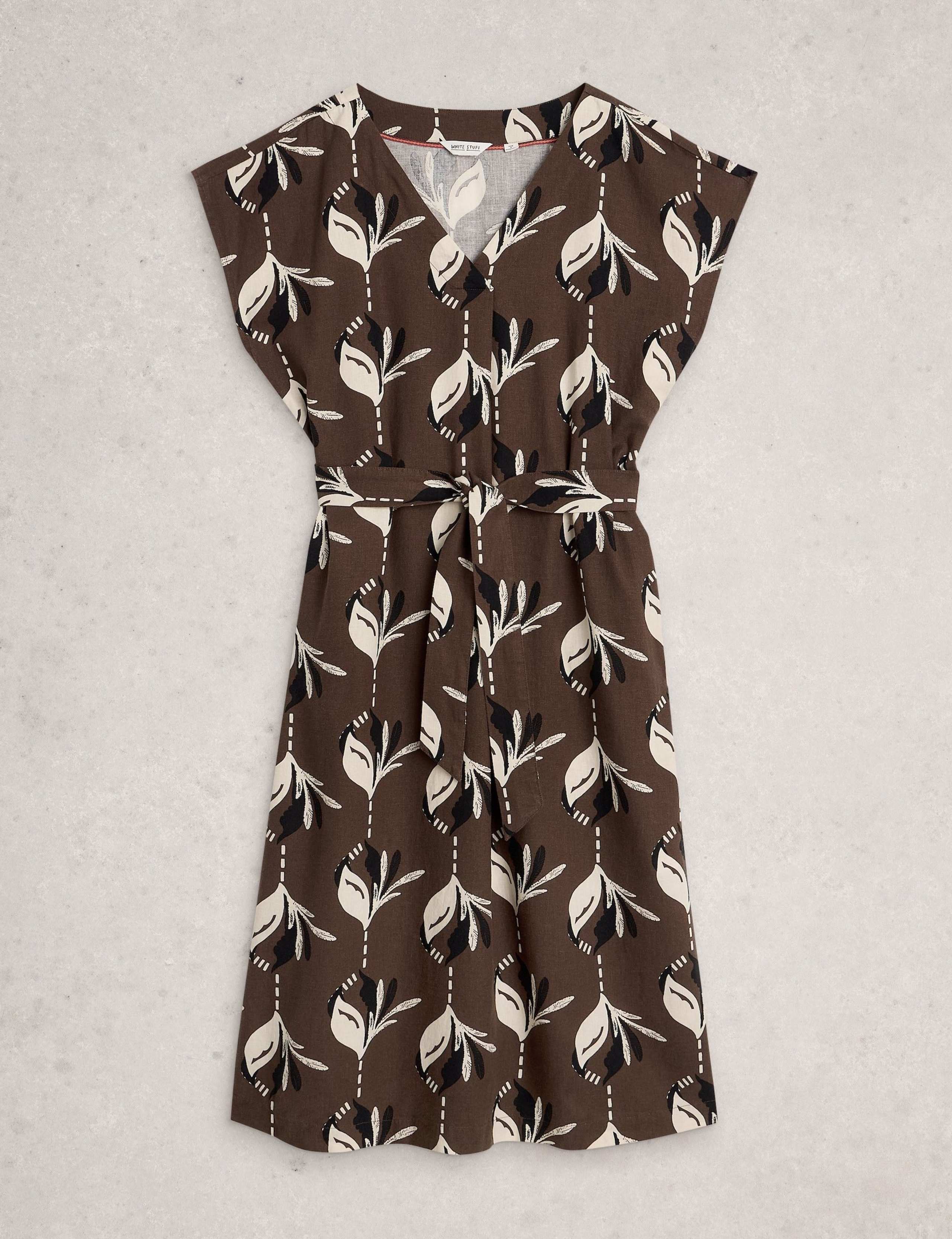 Linen Rich Floral V-Neck Midi Waisted Dress 2 of 6