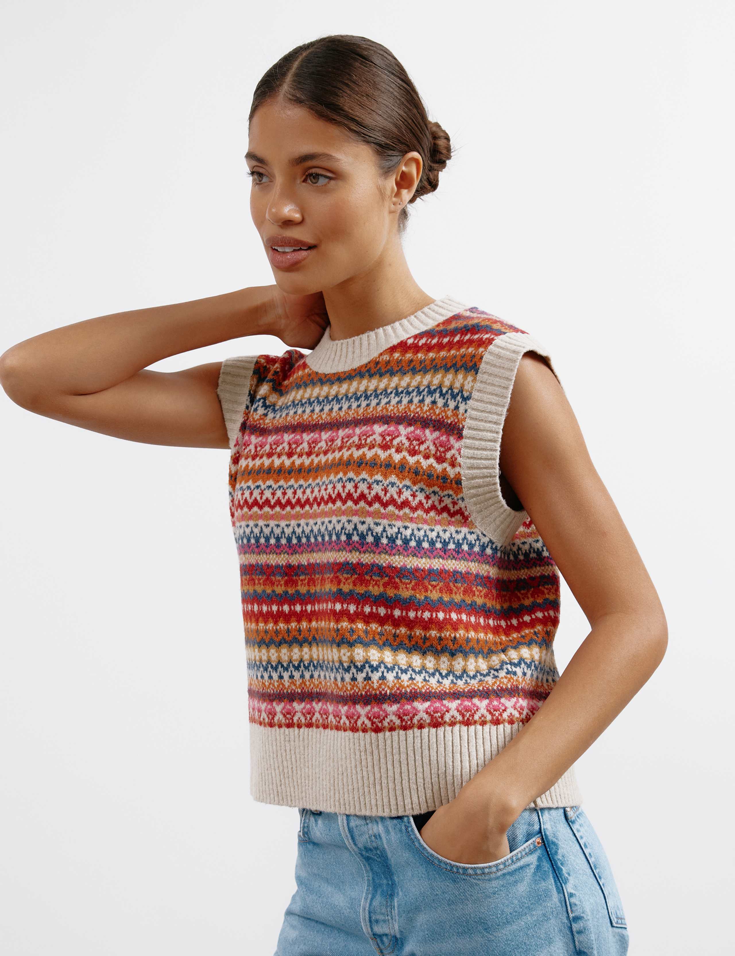 Fair Isle Crew Neck Knitted Tank with Wool 1 of 5