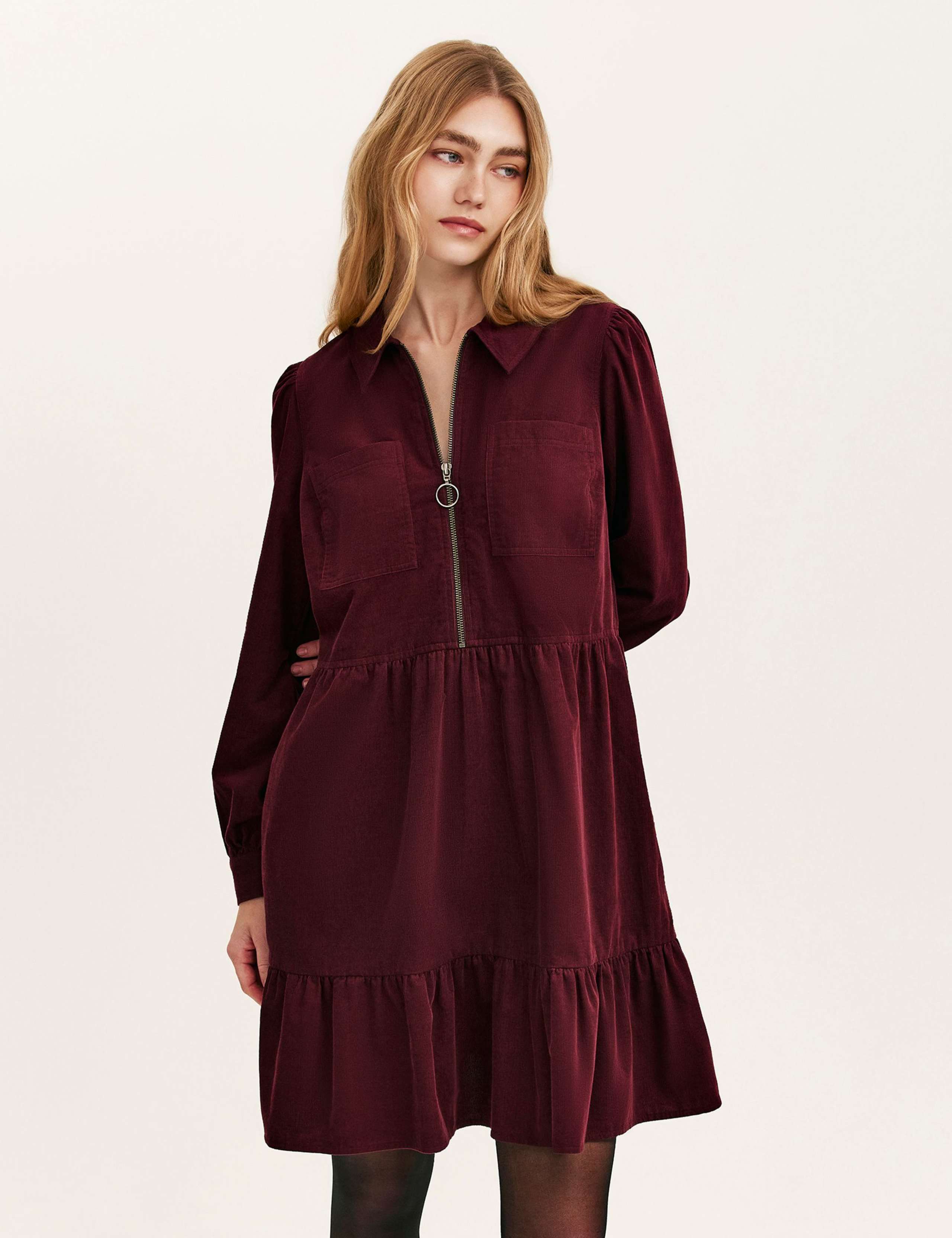 Cord Collared Knee Length Tiered Dress 2 of 4