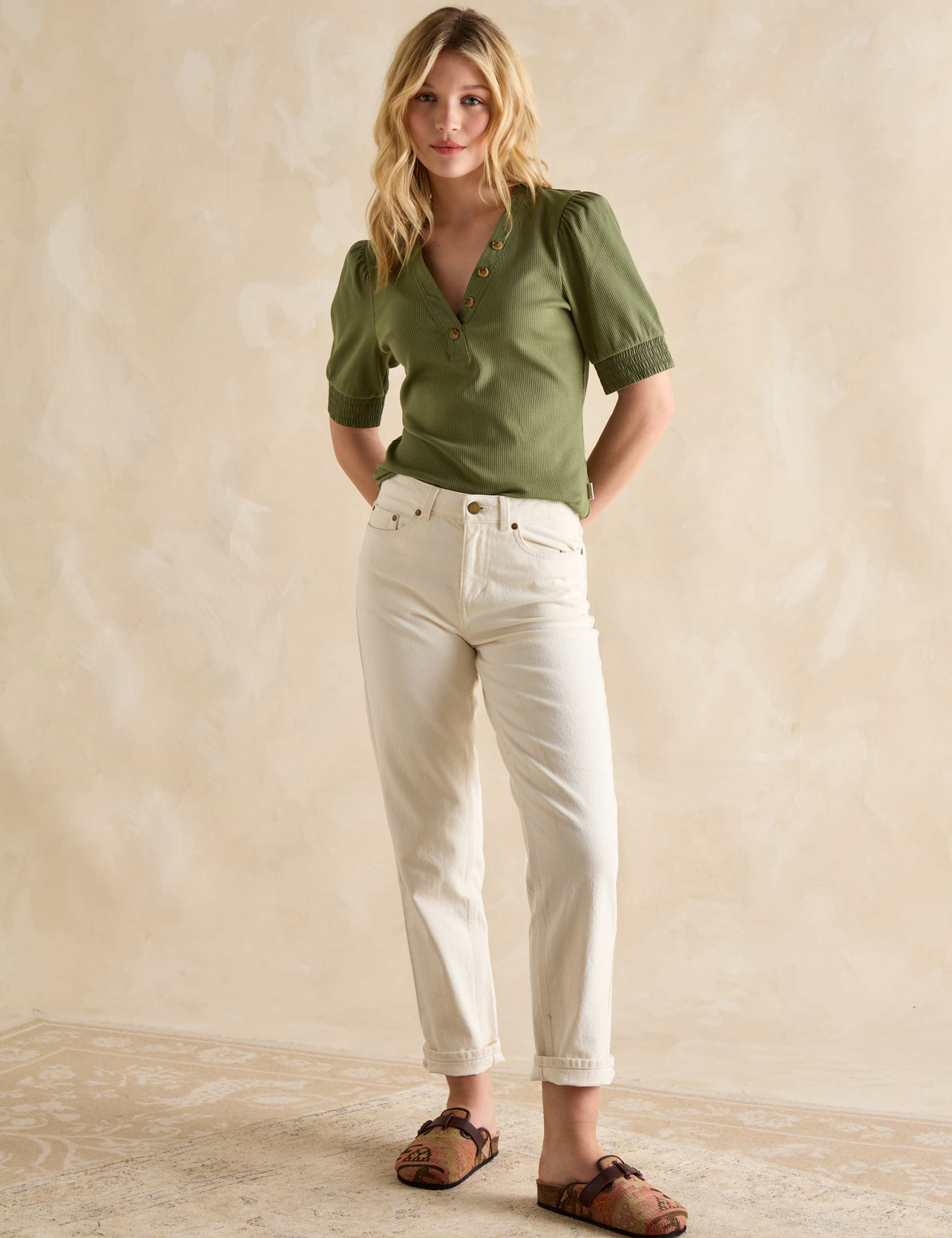 Cotton-Rich V-Neck Button Detail Top 3 of 6