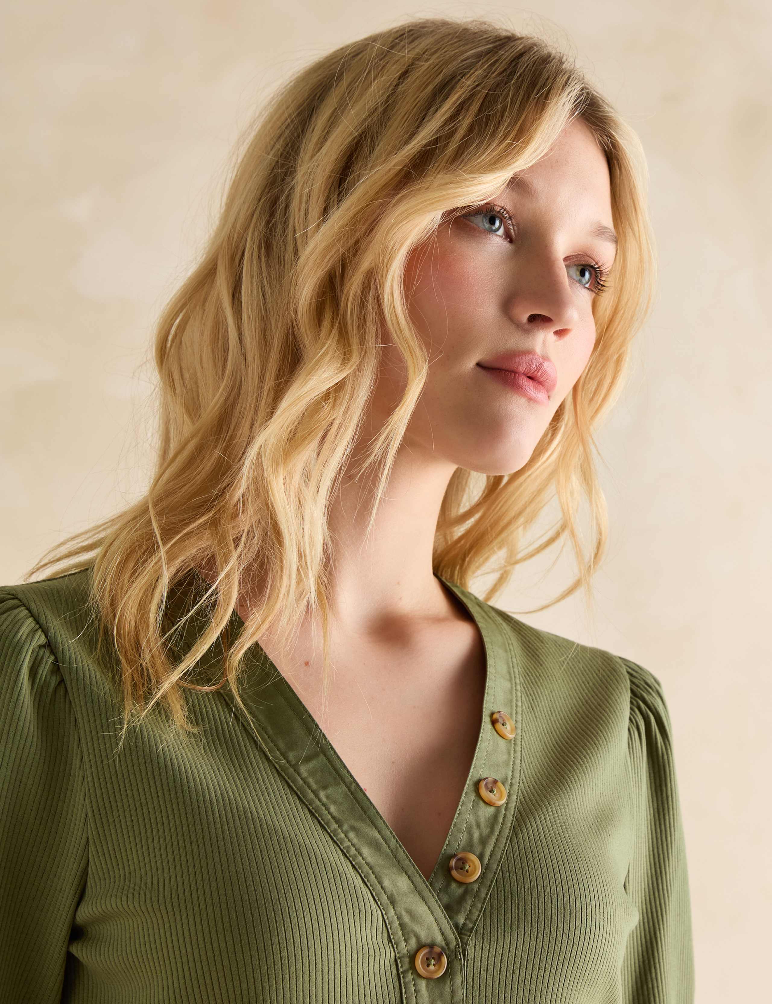 Cotton-Rich V-Neck Button Detail Top 6 of 6
